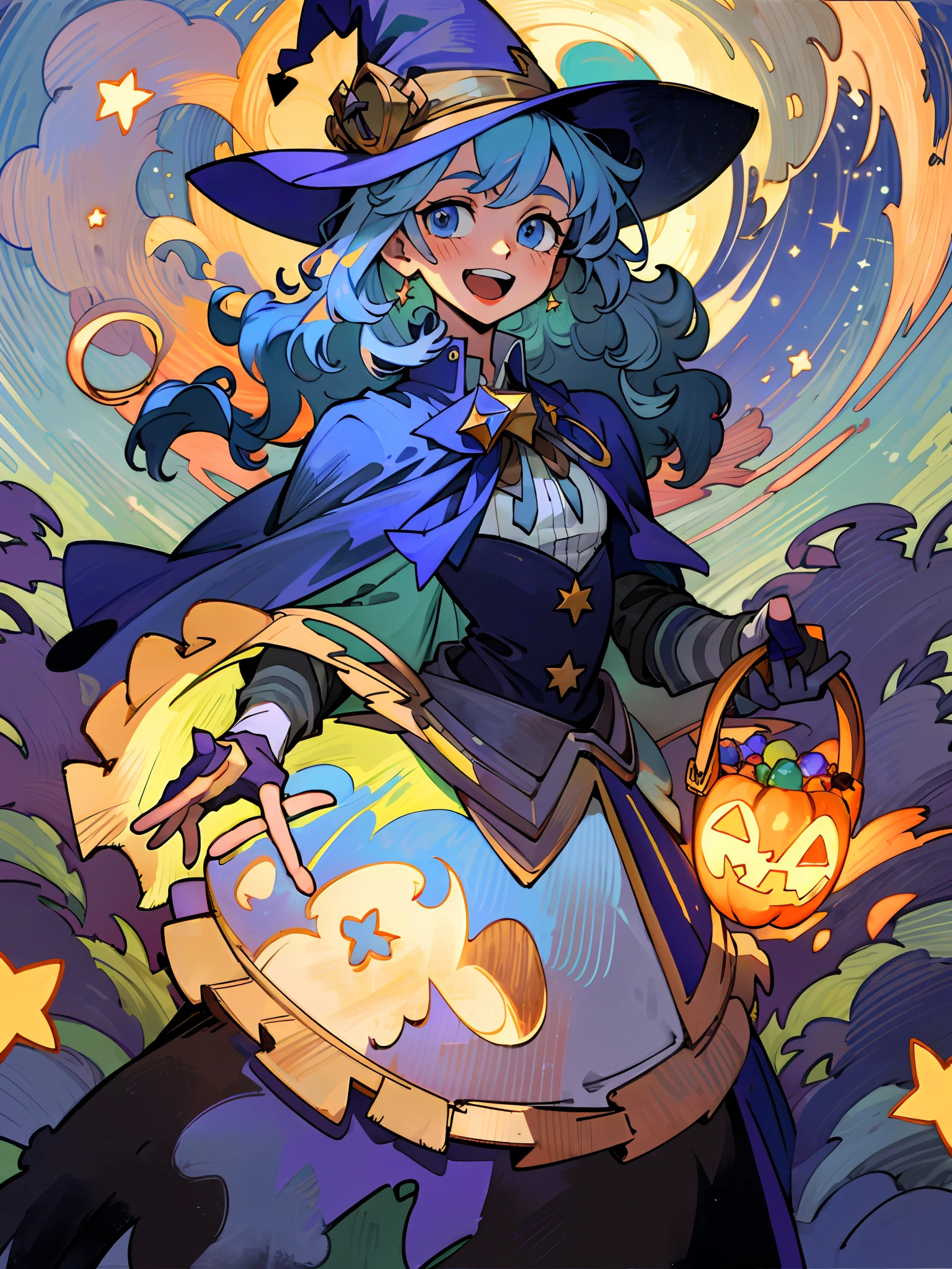 ((masterpiece:1.2, best quality)), 1girl, solo, (witch hat), a close up of a girl with curly hair, dress, aurora, night, star (sky), gloves, sky, dress, night sky, open mouth, starry sky, light blue eyes, ribbons, smile, cape, blue hair, magic, casting spell, night, (impressionism:1.4), alphonse mucha, Halloween colors, colorful candy, casting a spell, magical lights