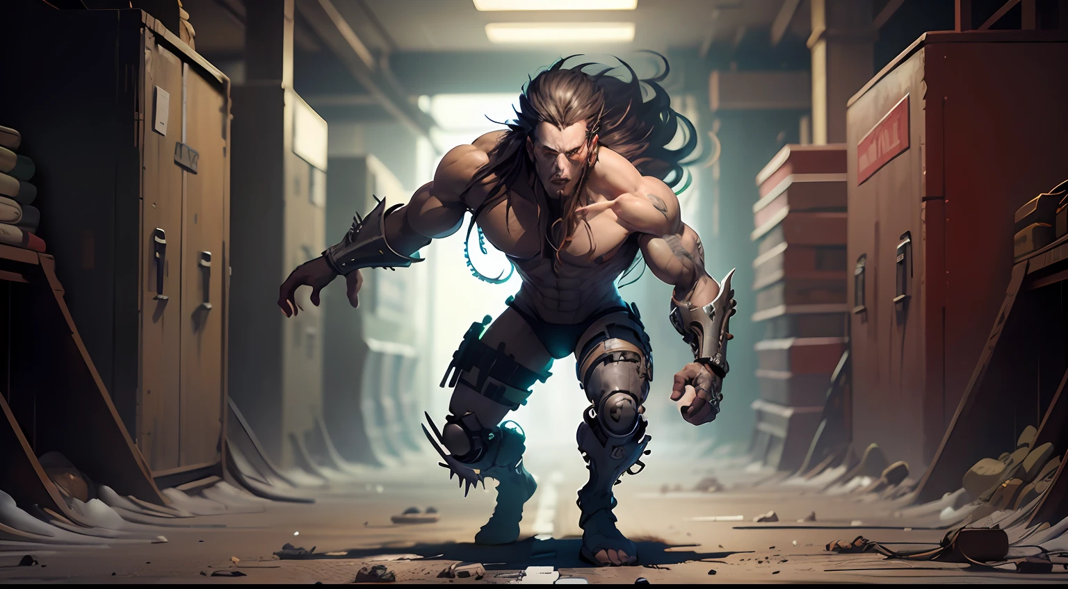 A DEMON (MAN) (30 YEARS) WITH RED EYES CYBERPUNK STYLE, full body, action scene (long hair)(full body) very strong