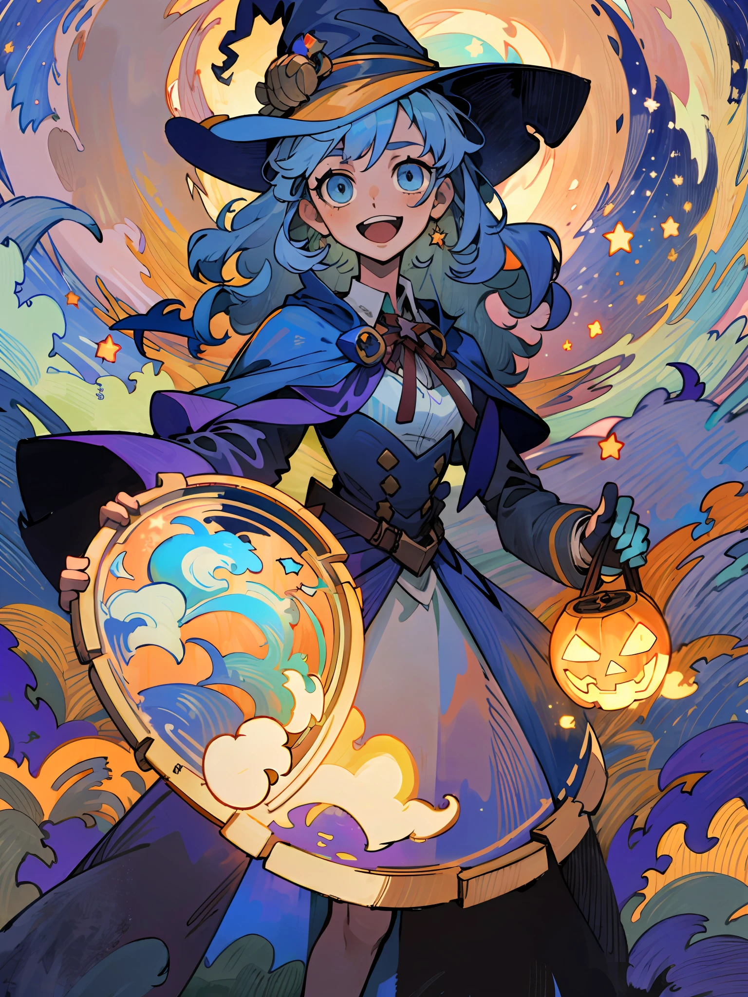 ((masterpiece:1.2, best quality)), 1girl, solo, (witch hat), a close up of a girl with curly hair, dress, aurora, night, star (sky), gloves, sky, dress, night sky, open mouth, starry sky, light blue eyes, ribbons, smile, cape, blue hair, magic, casting spell, night, (impressionism:1.4), alphonse mucha, Halloween colors, colorful candy, casting a spell, magical lights