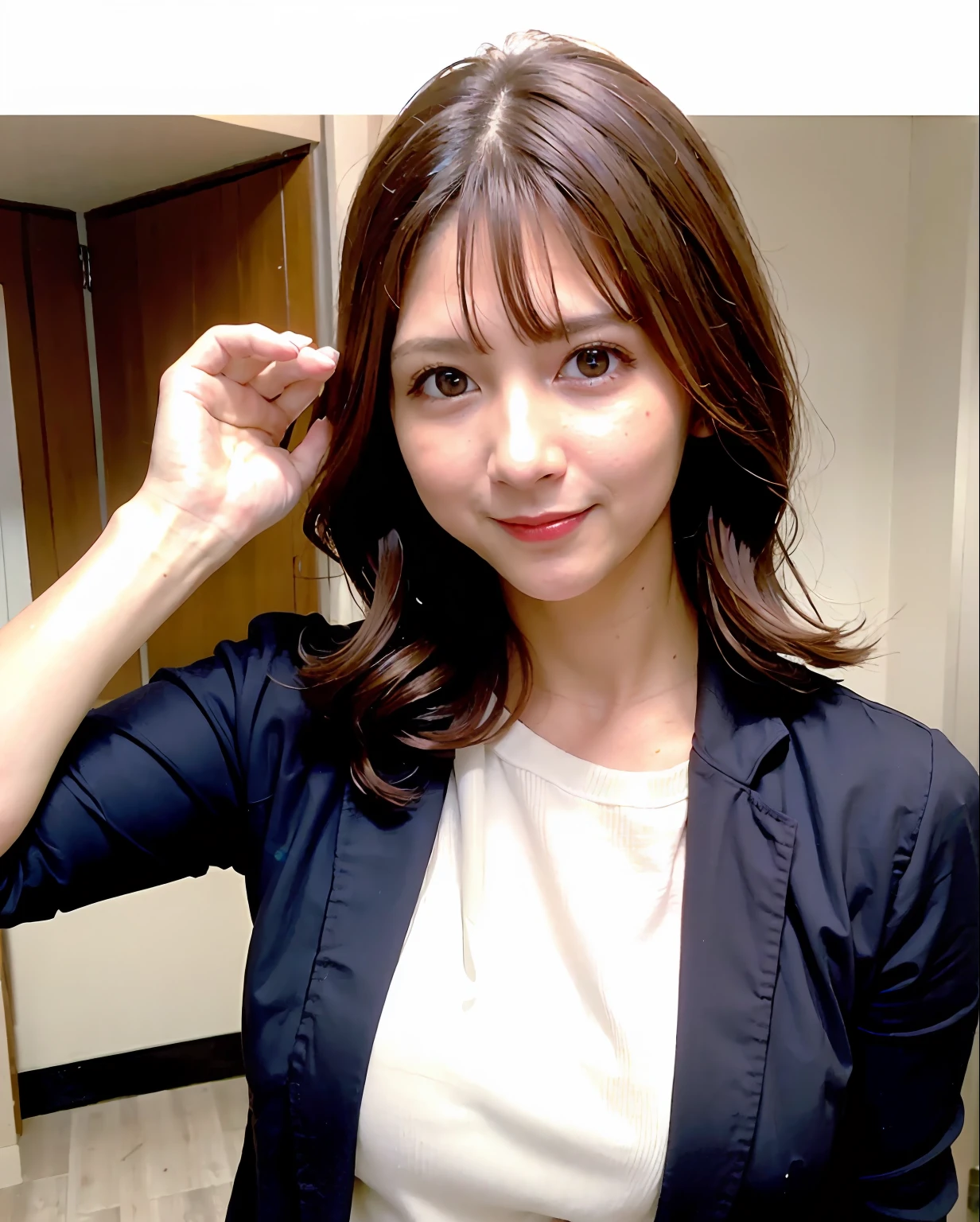 Top Quality, Photorealistic, 8k, High Resolution, Girl, Woman, (Skin Dent), (Professional Lighting), (Office Shirt Closed: 1.6)), (Portrait: 0.6), Gorgeous, (Medium Hair: 1.7), (1 Girl's Camera Gaze): 1), ((1.6 Camera Gaze), Photorealistic, (Bokeh), (Portrait: 0.6), ( Dynamic Pose: 1.2), Masterpiece, Intricate, Realistic and Sharp, Award-Winning Photography, (Smile: 2), Teardrop Mole, Lip Gloss, 36 Years Old, Cute, Cityscape, Professional Lighting, Photon Mapping, Radiosity, Physically Based Rendering,