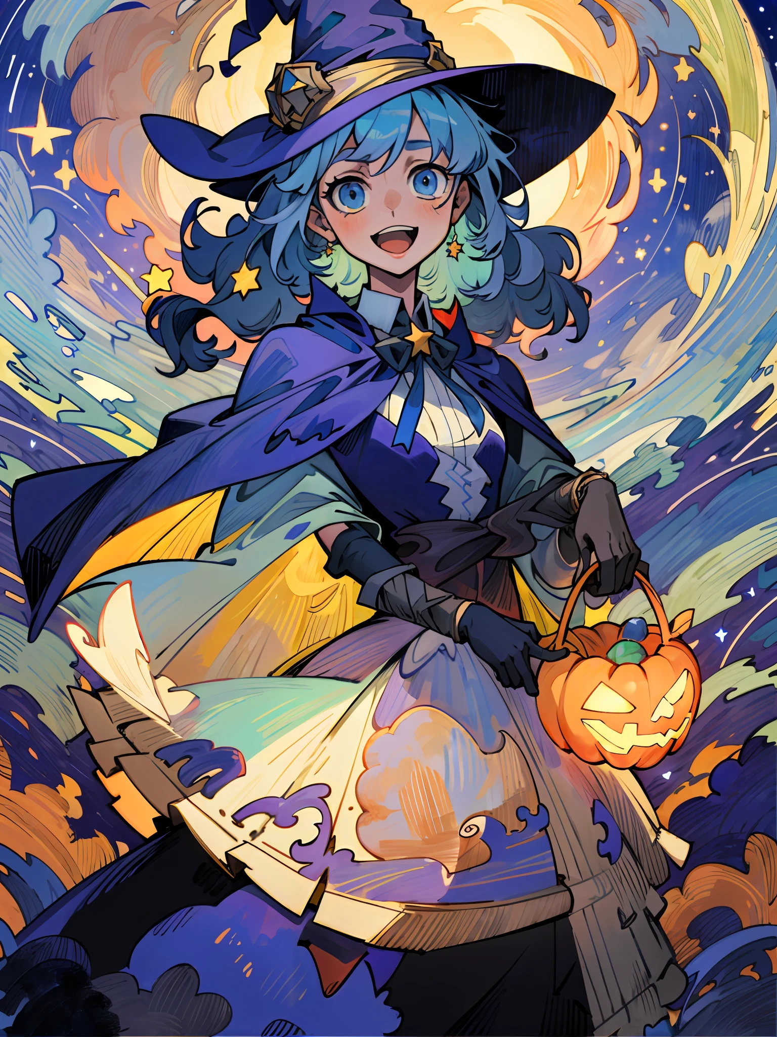 ((masterpiece:1.2, best quality)), 1girl, solo, (witch hat), a close up of a girl with curly hair, dress, aurora, night, star (sky), gloves, sky, dress, night sky, open mouth, starry sky, light blue eyes, ribbons, smile, cape, blue hair, magic, casting spell, night, (impressionism:1.4), alphonse mucha, Halloween colors, colorful candy, casting a spell, magical lights
