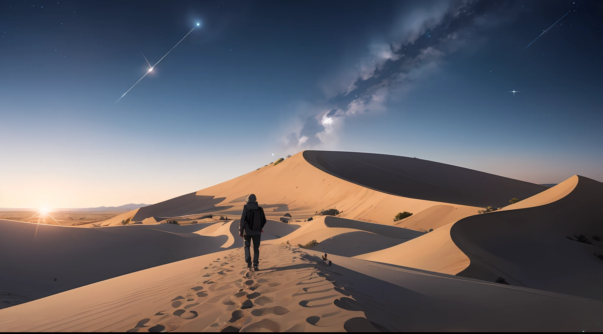 The vast sky, the beautiful horizon, the vast dunes, oasis in the distance, star shining brightly, clear sky, 1man, jesus christ, walking forward