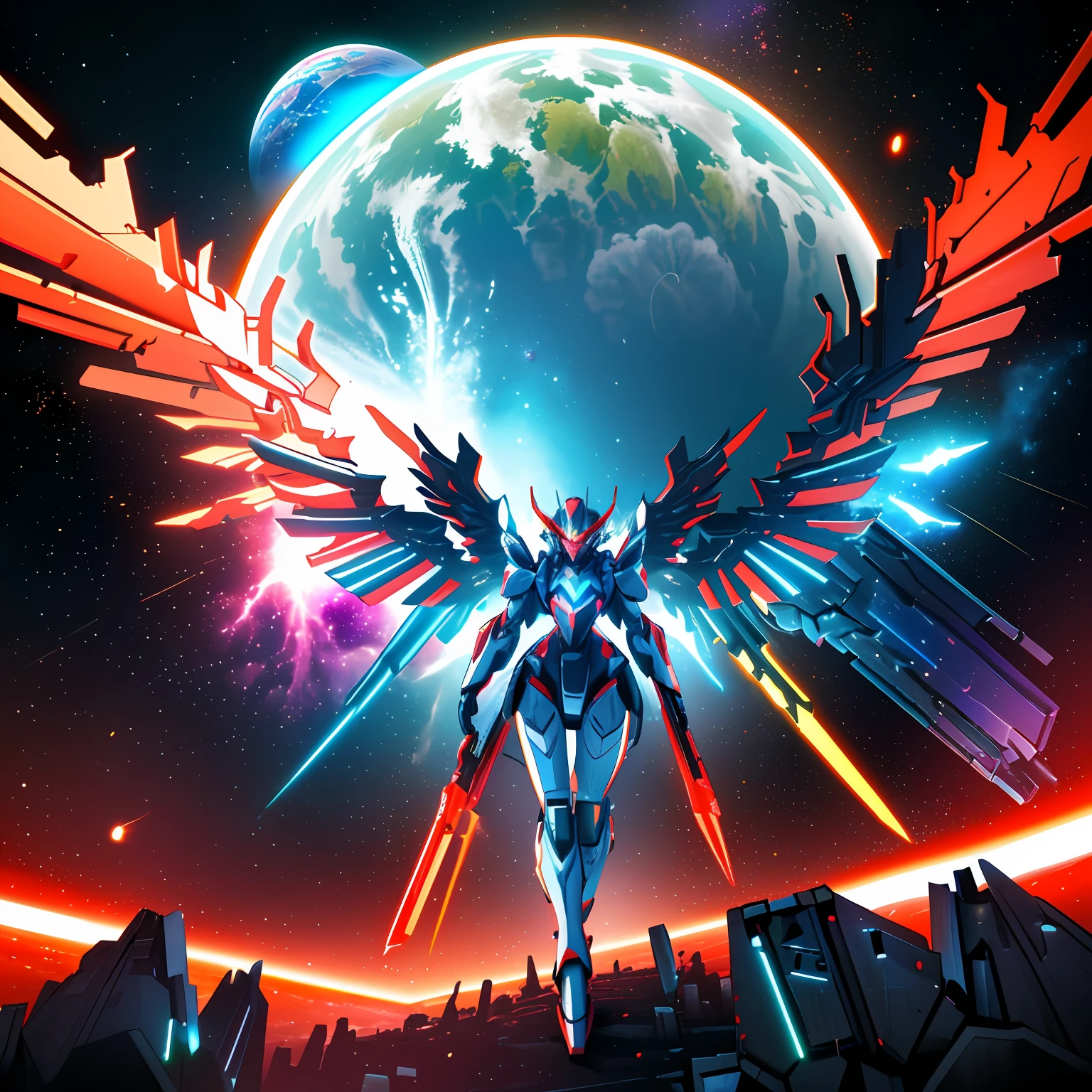 In space, huge planet, nebula, holding weapons, no humans, glowing, (female mech: 1.2), female robot, giant mechanical wings, mech wings, (flying in space: 1.3), comet fragments , glowing eyes, red mecha, science fiction, space, reality, mecha, galaxy background, neon lights, cyberpunk, HD wallpaper, CG art