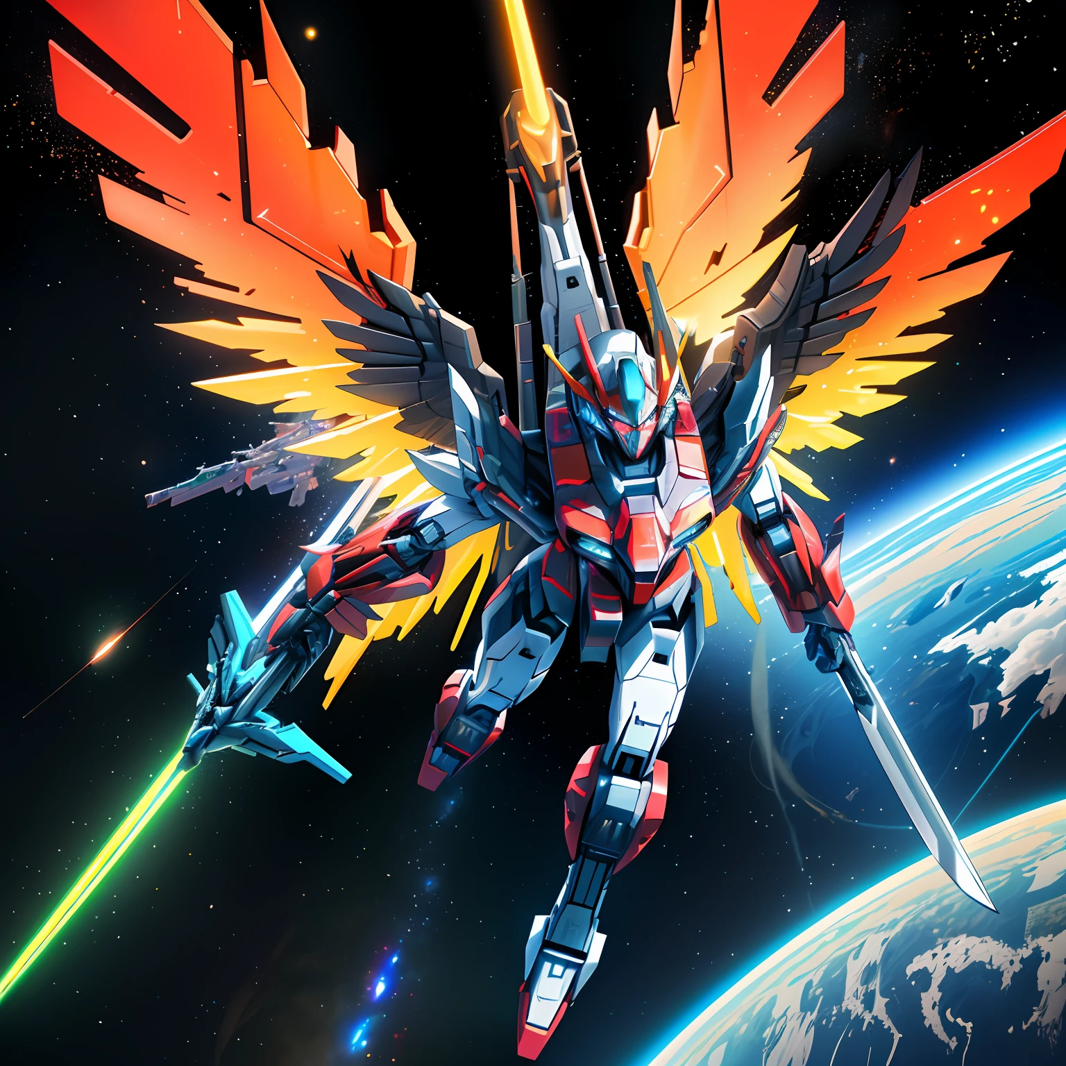 In space, huge planet, nebula, holding weapons, no humans, glowing, (female mech: 1.2), female robot, giant mechanical wings, mech wings, (flying in space: 1.3), comet fragments , glowing eyes, red mecha, science fiction, space, reality, mecha, galaxy background, neon lights, cyberpunk, HD wallpaper, CG art