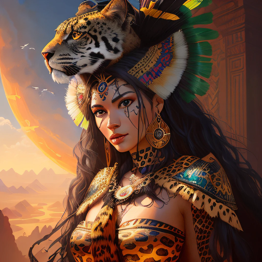 painting of an amazon woman with a jaguar on her head, stunning digital illustration, fantasy art behance, full length aztec princess portrait in feathered costume and jaguar leathers, Karol Bak UHD, fantasy concept art portrait, fantasy art fantasy portrait, detailed painting 4K, Deviantart Artstation CGSCOSIETY, beautiful digital artwork, Alena Aenami and Artgerm, Amazon Warrior, Amazon in the jungle