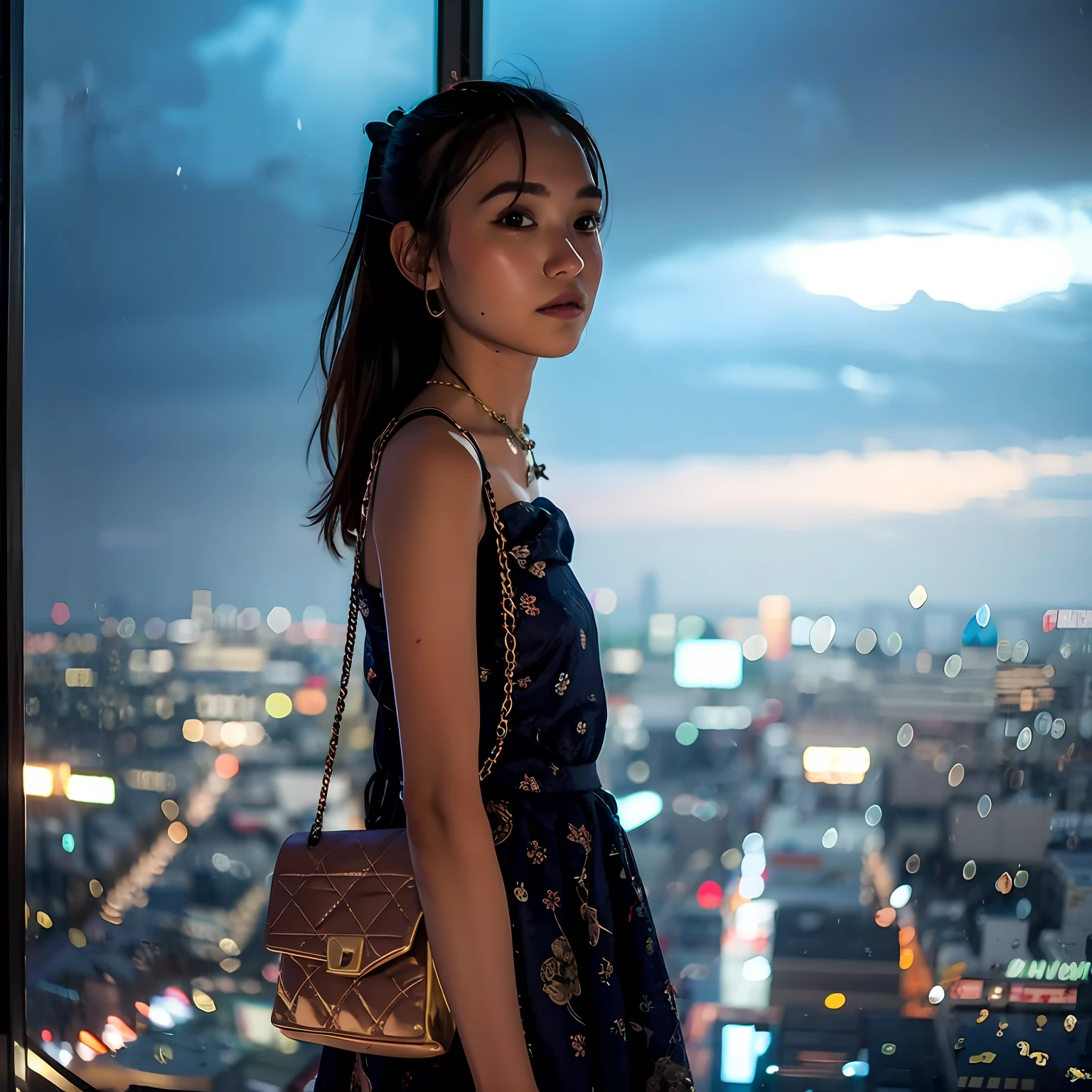 Teenage woman standing in front of window with city view, portrait of teenager in Japan, Dior campaign, Gemma Chen, Chinese girl, shot with Canon EOA 6D Mark II, Brandon Welfel, anime style mixed with Fujifilm, night on rooftop Tokyo, photo taken with Nikon D750, photo taken with Nikon D7 5 0