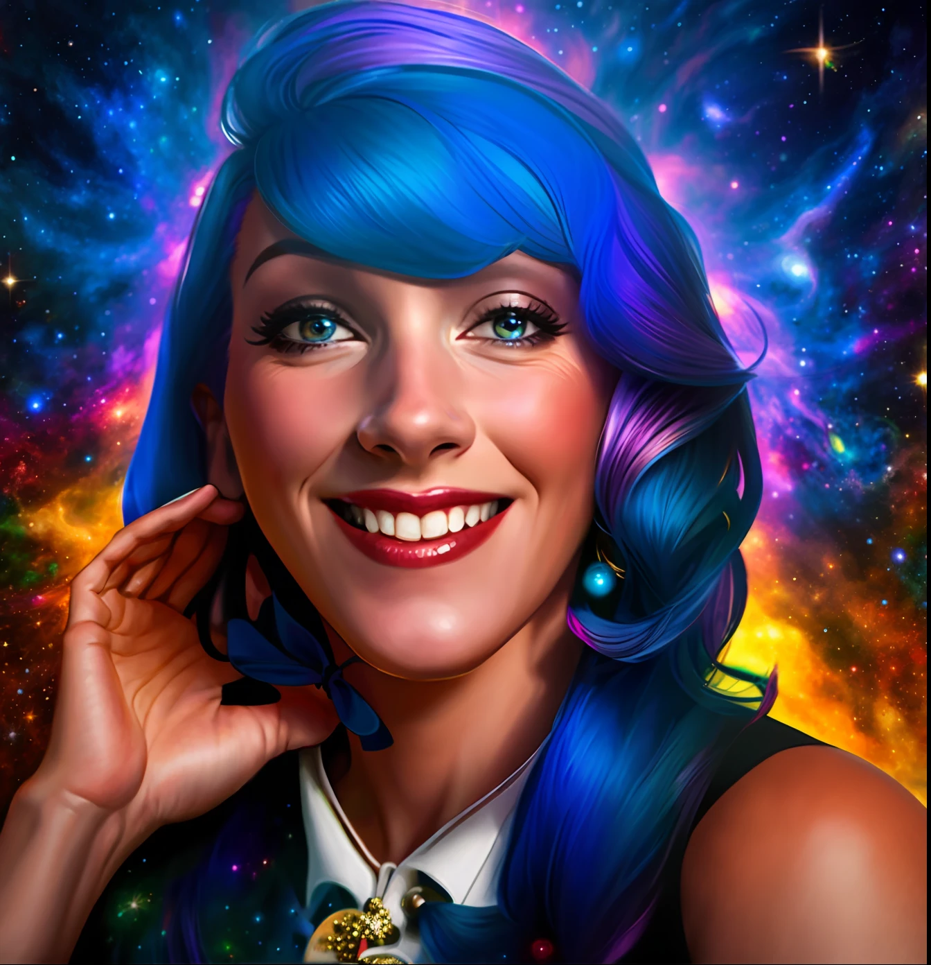 A woman, according to the photo, purple and blue hair, up to her shoulder, honey brown eyes, smile on her face, princess outfit. Colorful cosmic space background in circular motion. Standard human body, two legs, two arms, perfect hands, high definition face, perfect human face, digital illustration, oil painting, high quality, dynamic lighting, ethereal lighting, ultra detail, elegant, masterpiece