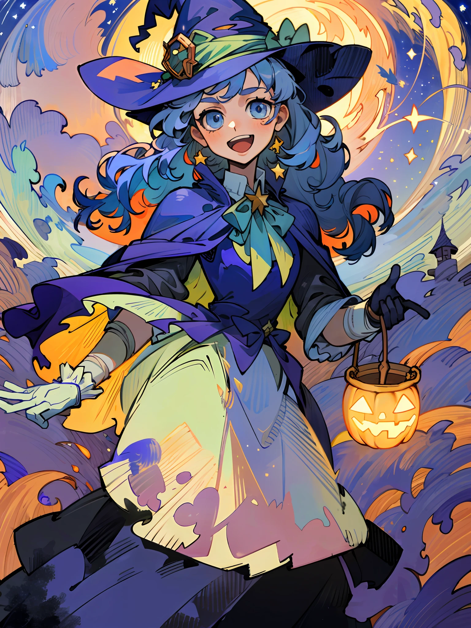 ((masterpiece:1.2, best quality)), 1girl, solo, (witch hat), a close up of a girl with curly hair, dress, aurora, night, star (sky), gloves, sky, dress, night sky, open mouth, starry sky, light blue eyes, ribbons, smile, cape, blue hair, magic, casting spell, night, (impressionism:1.4), alphonse mucha, Halloween colors, colorful candy, casting a spell, magical lights