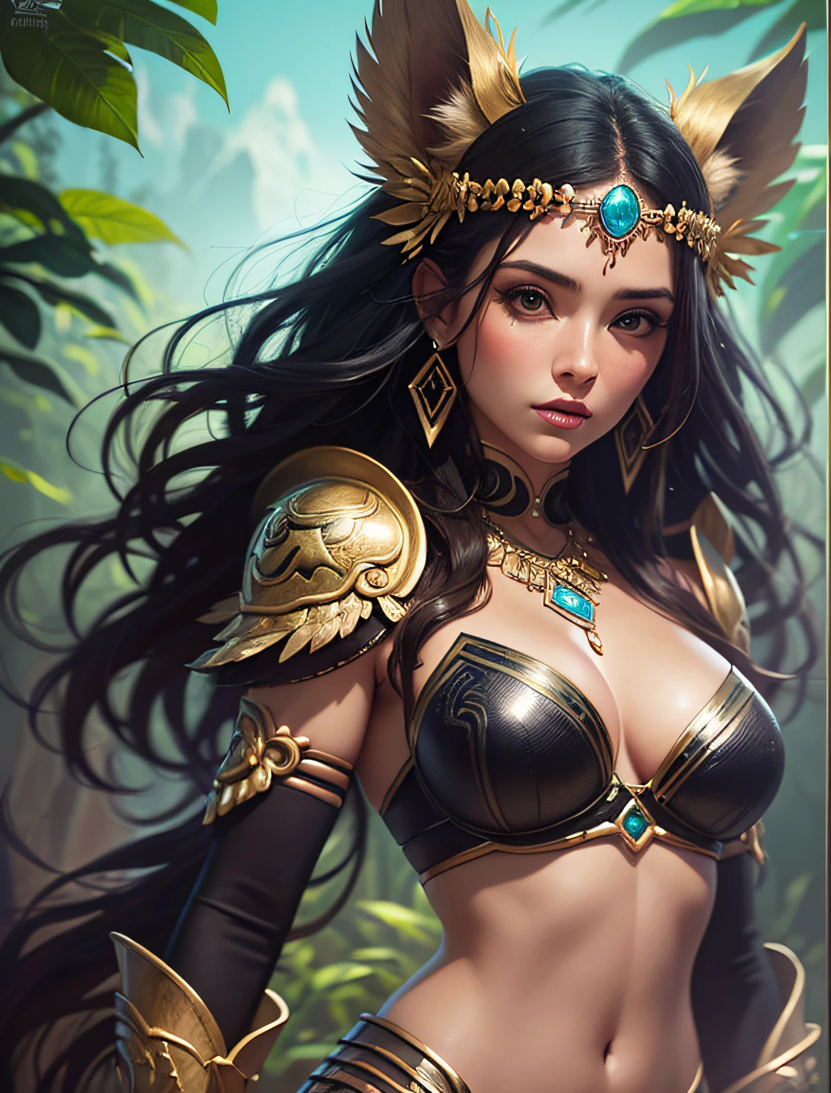 painting of an amazon woman with a jaguar on her head, stunning digital illustration, fantasy art behance, full length aztec princess portrait in feathered costume and jaguar leathers, Karol Bak UHD, fantasy concept art portrait, fantasy art fantasy portrait, detailed painting 4K, Deviantart Artstation CGSCOSIETY, beautiful digital artwork, Alena Aenami and Artgerm, Amazon Warrior, Amazon in the jungle