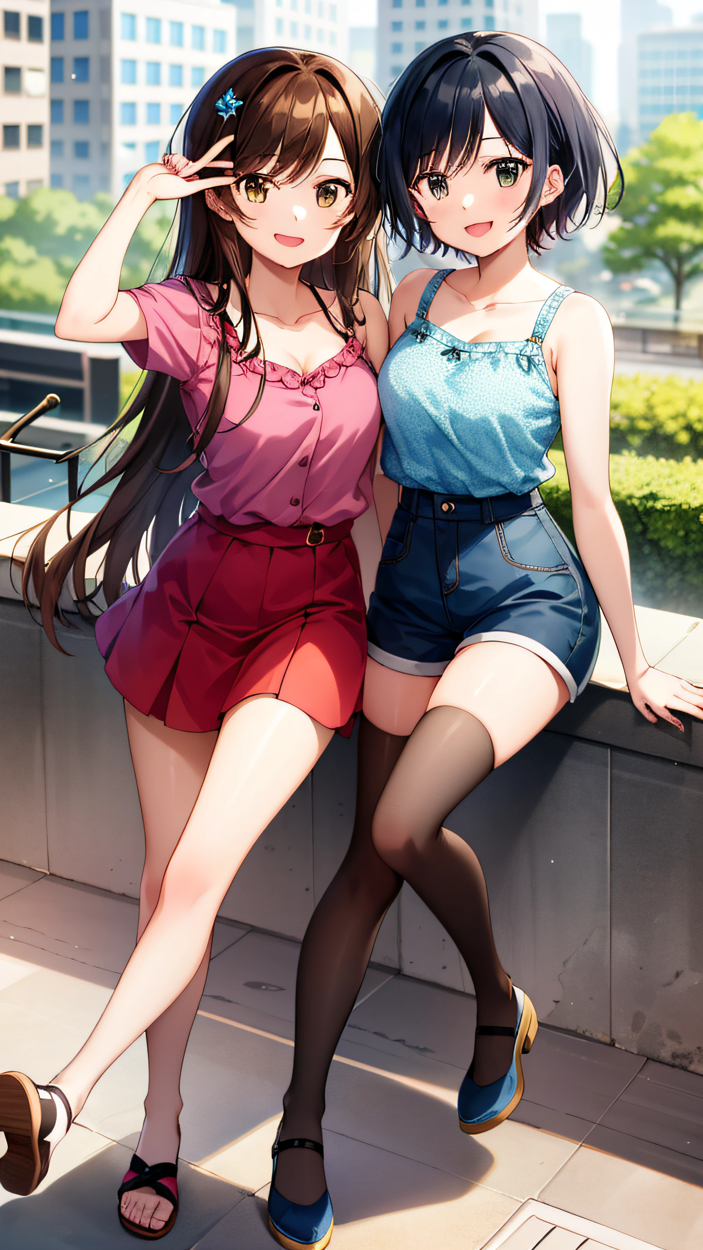 It shows 2 girls in a picture, one who is Ruka sarashina wearing a white shorts and blue blouse, the other girl who is Chizuru mizuhara wearing red skirt and blue blouse, in the city, smiling both