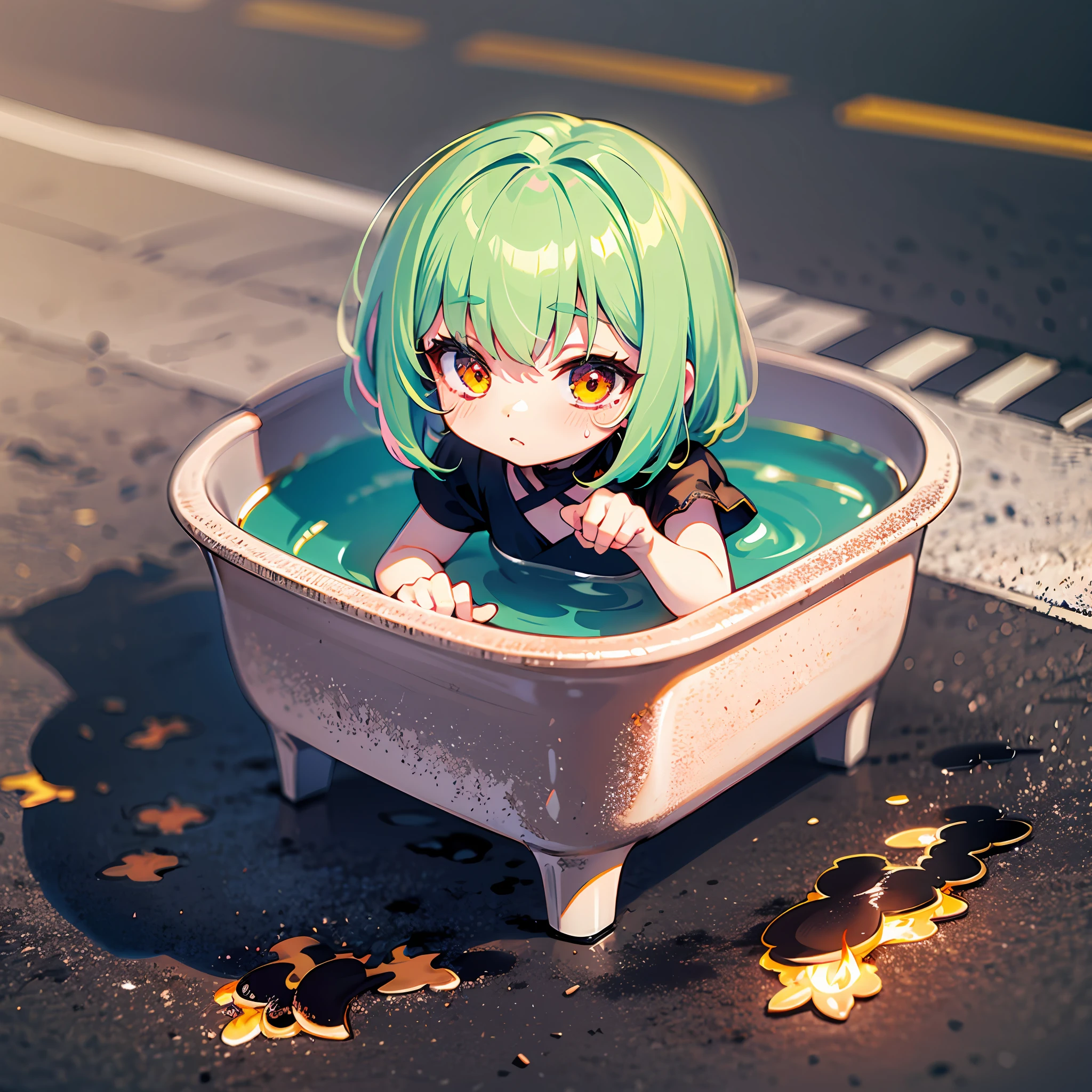 ((Chibi Chara)), Fluffy, Girl, Baked on Asphalt, Asphalt BBQ, Burning on Asphalt, Sweaty, Scorching, Midsummer, Charred, Chibi Chara, Full Body, Pastel Hair, Masterpiece, Best Quality, 16k