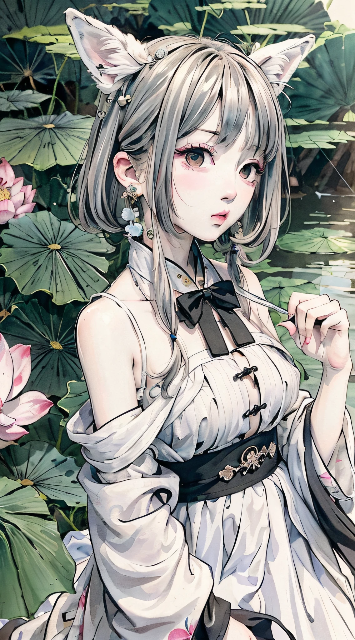 ((4k,masterpiece,best quality)), (crop_top_overhang), (aerial),shuimobysim, traditional chinese ink painting, lotus, hanfu, ribbed_dress , 1 Girl, solo, white hair, fox ears, white, fish, many fish near Girl, look at viewer, tease,onee-shota