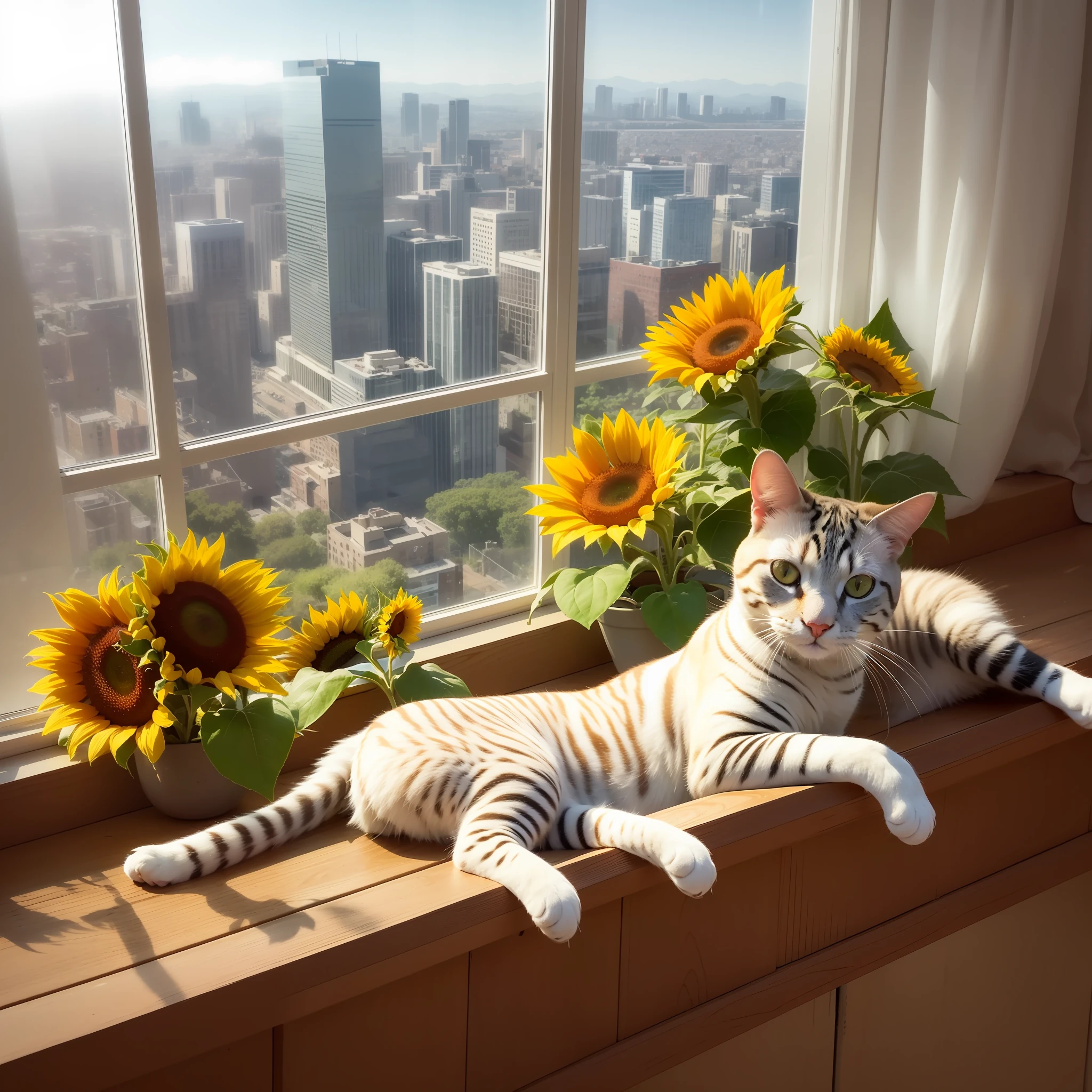 Cat lying on the windowsill of a skyscraper, next to one ((pot with a sunflower and a candy)) . ((Spectacular views.)) Digital painting, artstation, concept art, soft focus, sharp, illustration.