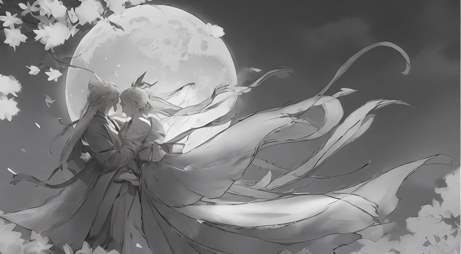 4K highly detailed digital art, anime girl and boy in long skirt hugging before full moon, night scene, flowing white robe, flowing hair and robe, by Yang J, by Shingei, by Qu Leilei, by Xie Sun, anime beautiful peace scene, anime fantasy illustration, Onmyoji detailed art