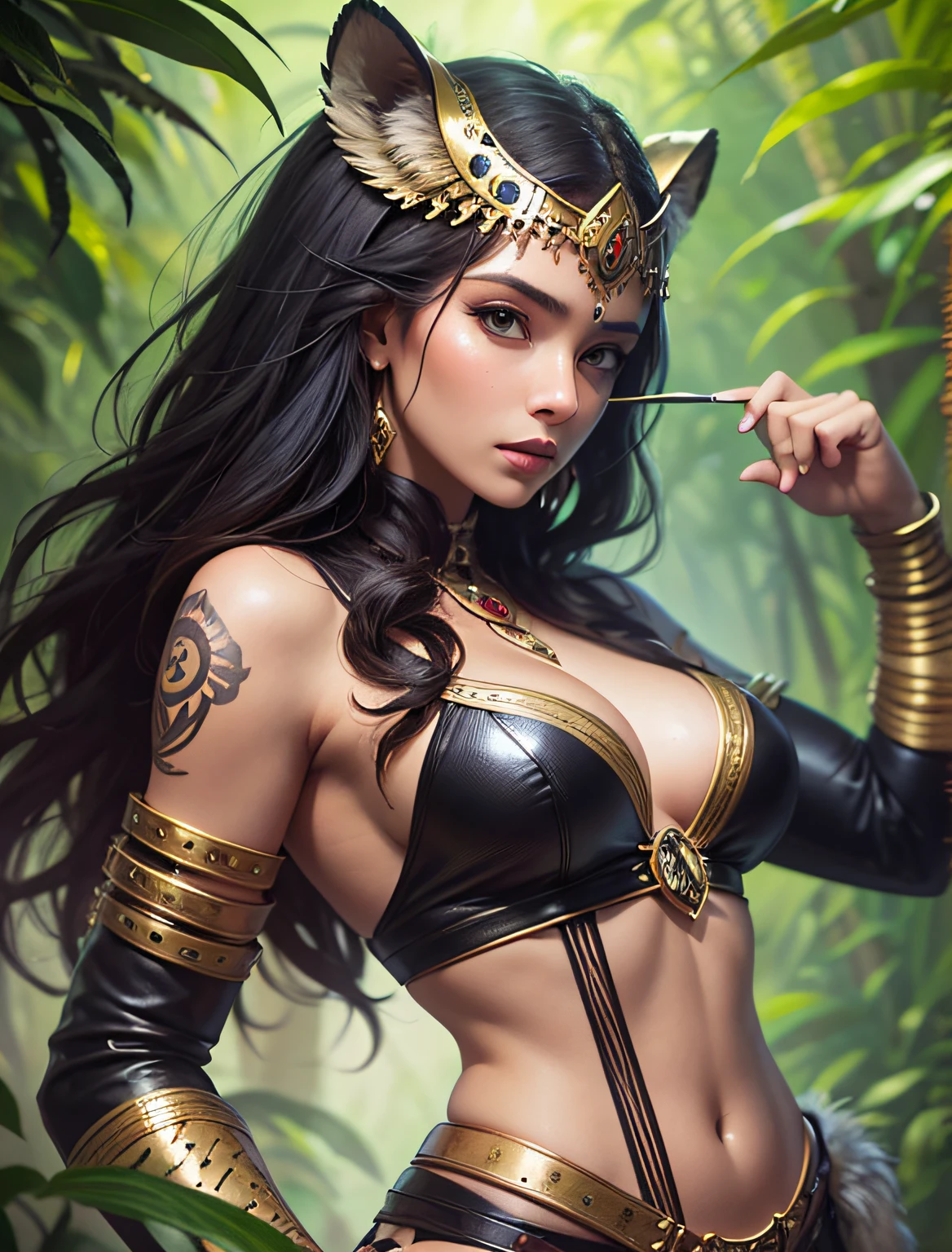 painting of an amazon woman with a jaguar on her head, stunning digital illustration, fantasy art behance, full length aztec princess portrait in feathered costume and jaguar leathers, Karol Bak UHD, fantasy concept art portrait, fantasy art fantasy portrait, detailed painting 4K, Deviantart Artstation CGSCOSIETY, beautiful digital artwork, Alena Aenami and Artgerm, Amazon Warrior, Amazon in the jungle