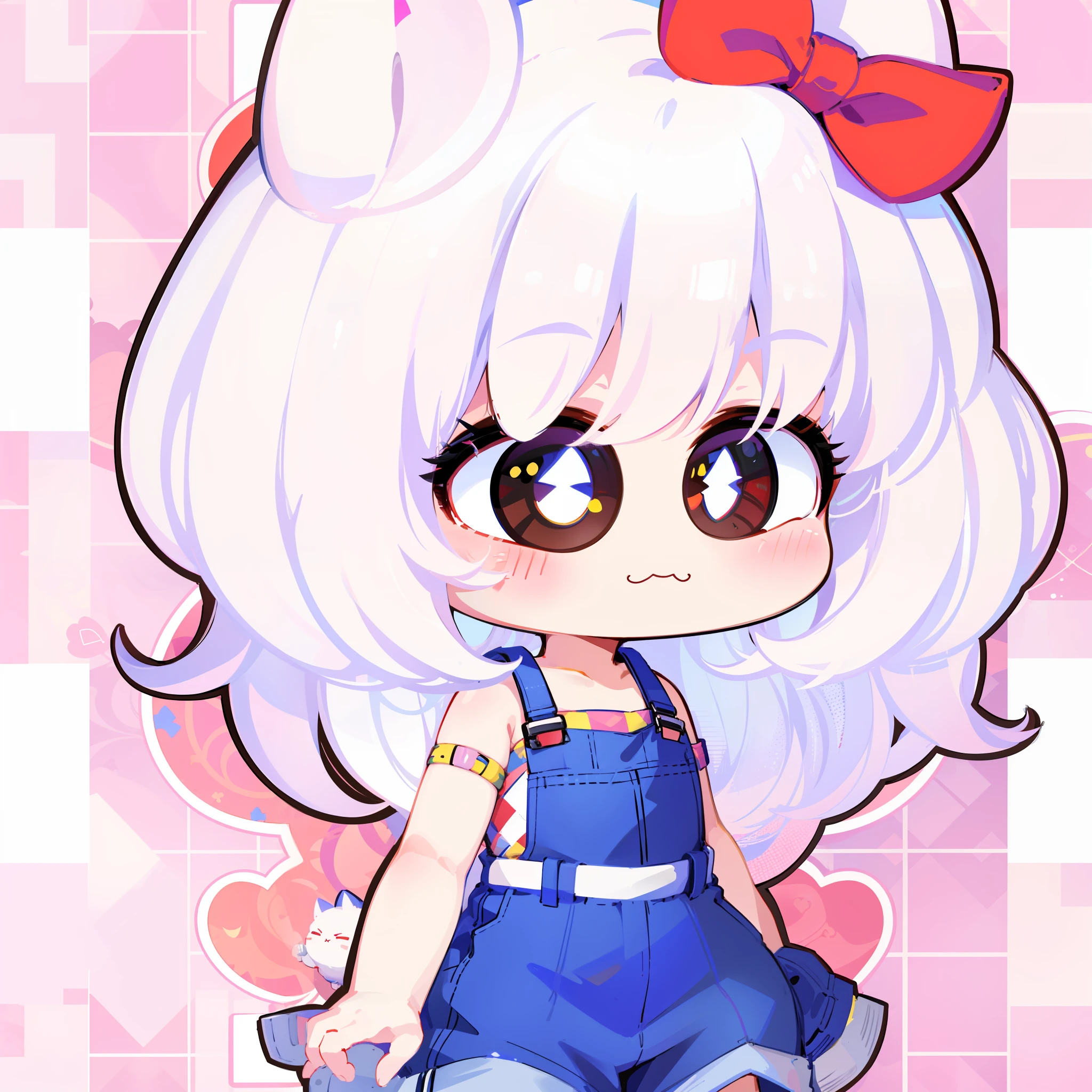 cartoon girl with a bow and overalls standing in front of a pink checkered background, cute character, cute art style, original chibi bunny girl, white cat girl, full body portrait of a short!, chibi style, cartoonish cute, small curvy ****, inspired by Kanbun Master, cute kawaii girl, ****, kawaii chibi, chibi