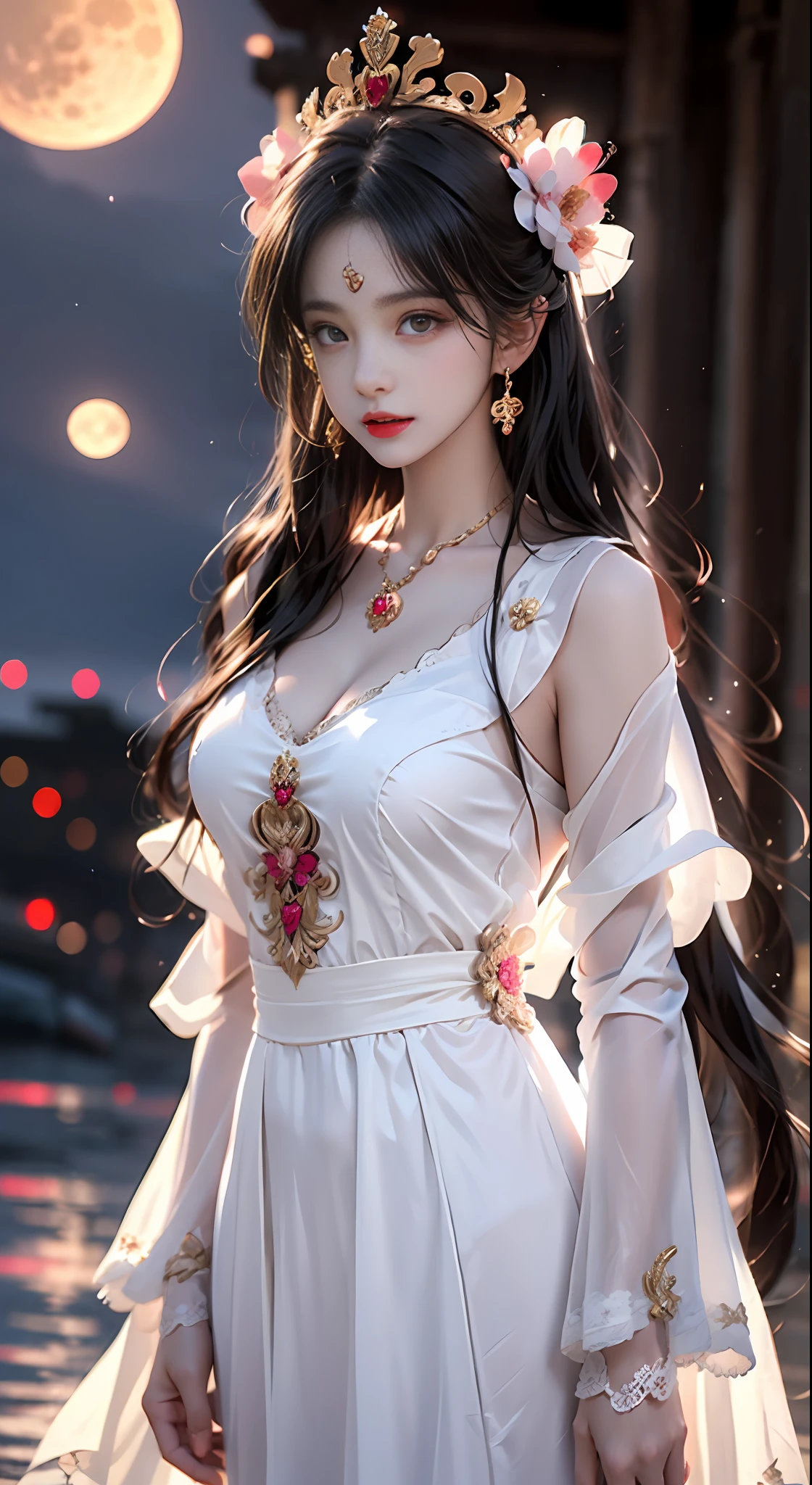 1 adult empress wearing a red lace top, deep-breasted nightgown, Chinese-style clothes, ancient costumes with many phoenix patterns, flawless pink and white face, crowned head, hip-length black hair , very beautiful and sharp brown eyes, small red lips, painted lips, closed mouth, jewelry worn around the neck, earrings, white and even teeth, high nose, big round breasts, the girl's body is covered with water on chest, long legs, thin mesh black socks, portrait, most realistic, highest quality, best pixels, 8k ultra , (clear super big moon background: 1.8)