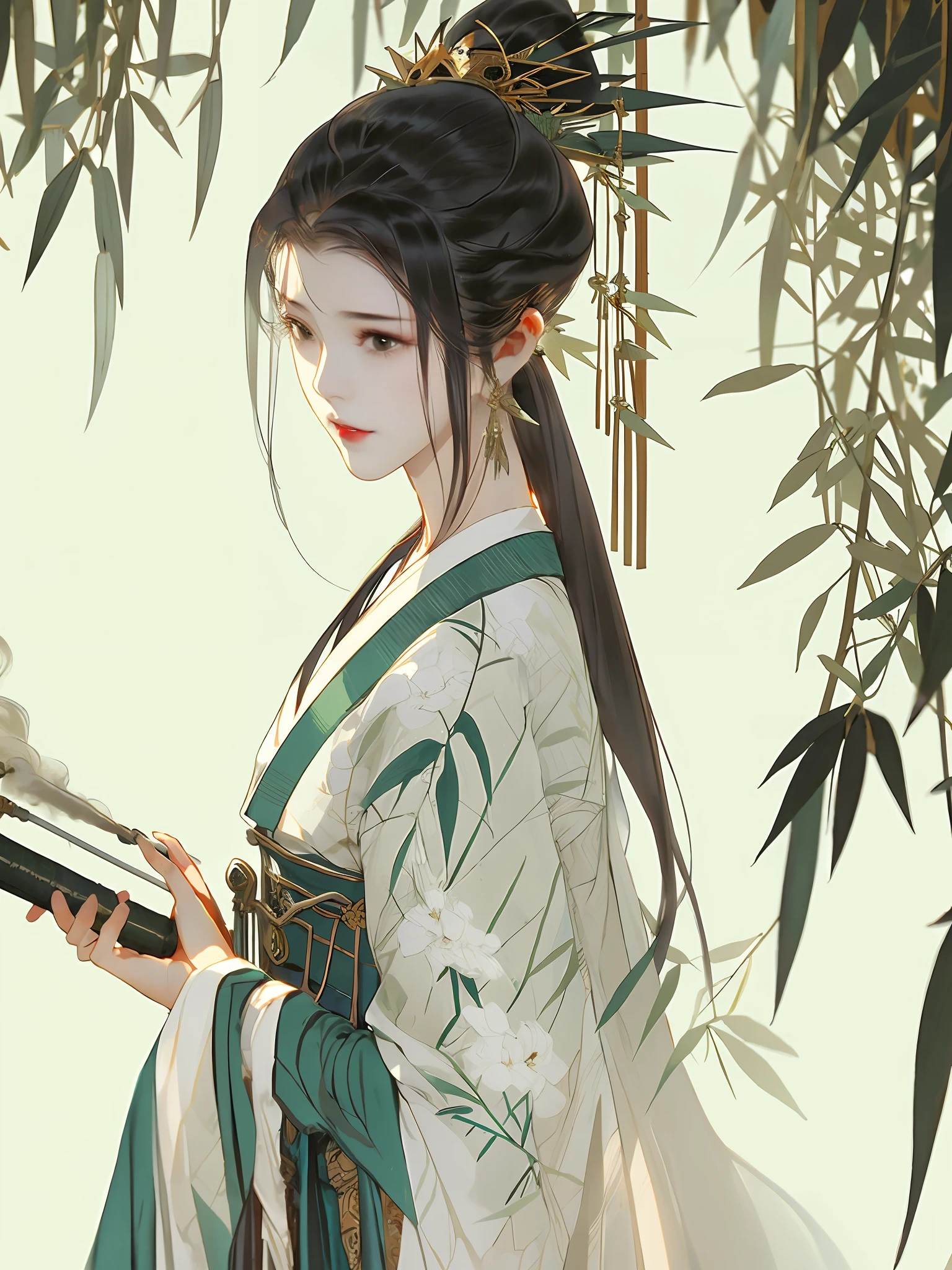 A close-up of a woman, in a bamboo forest, long black hair, ponytail, green headdress, carrying a lantern, bamboo leaves falling, hazy smoke, green Hanfu,