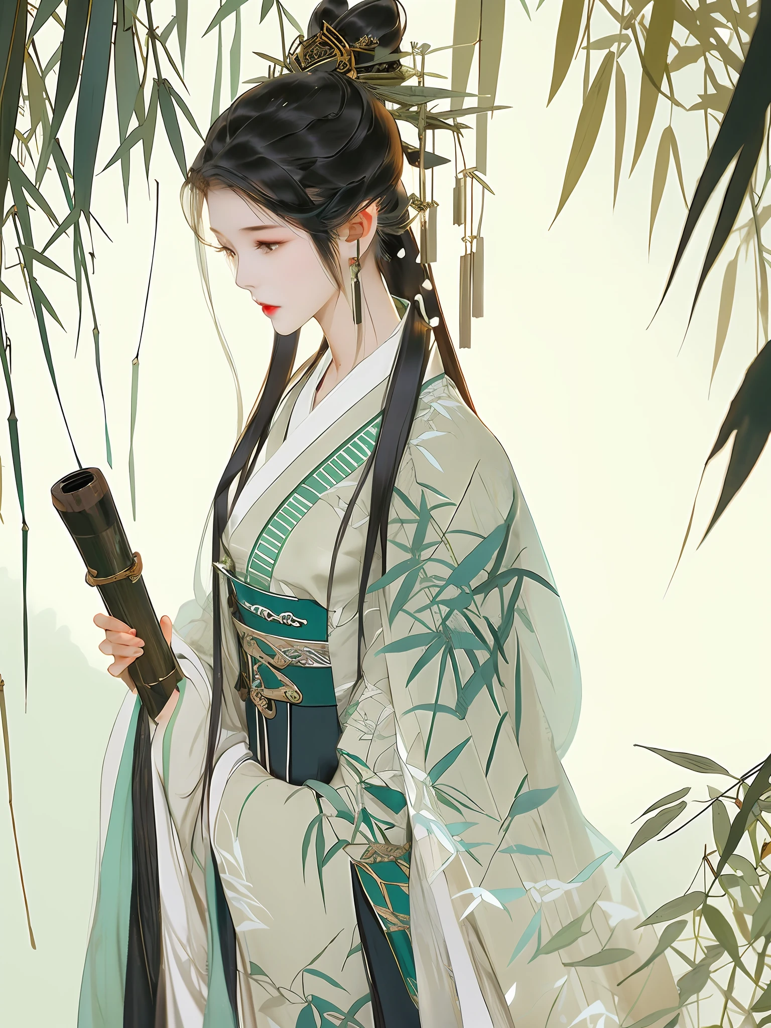 A close-up of a woman, in a bamboo forest, long black hair, ponytail, green headdress, carrying a lantern, bamboo leaves falling, hazy smoke, green Hanfu,