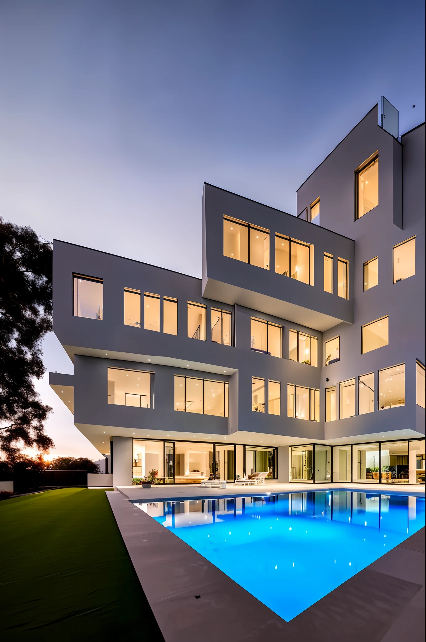 dvArchModern, 85mm, f1.8, portrait, photo realistic façade, hyperrealistic, prayerful, super detailed, intricate, dramatic, sunset lighting, shadows, high dynamic range, white walls, led lights, luxury, pool