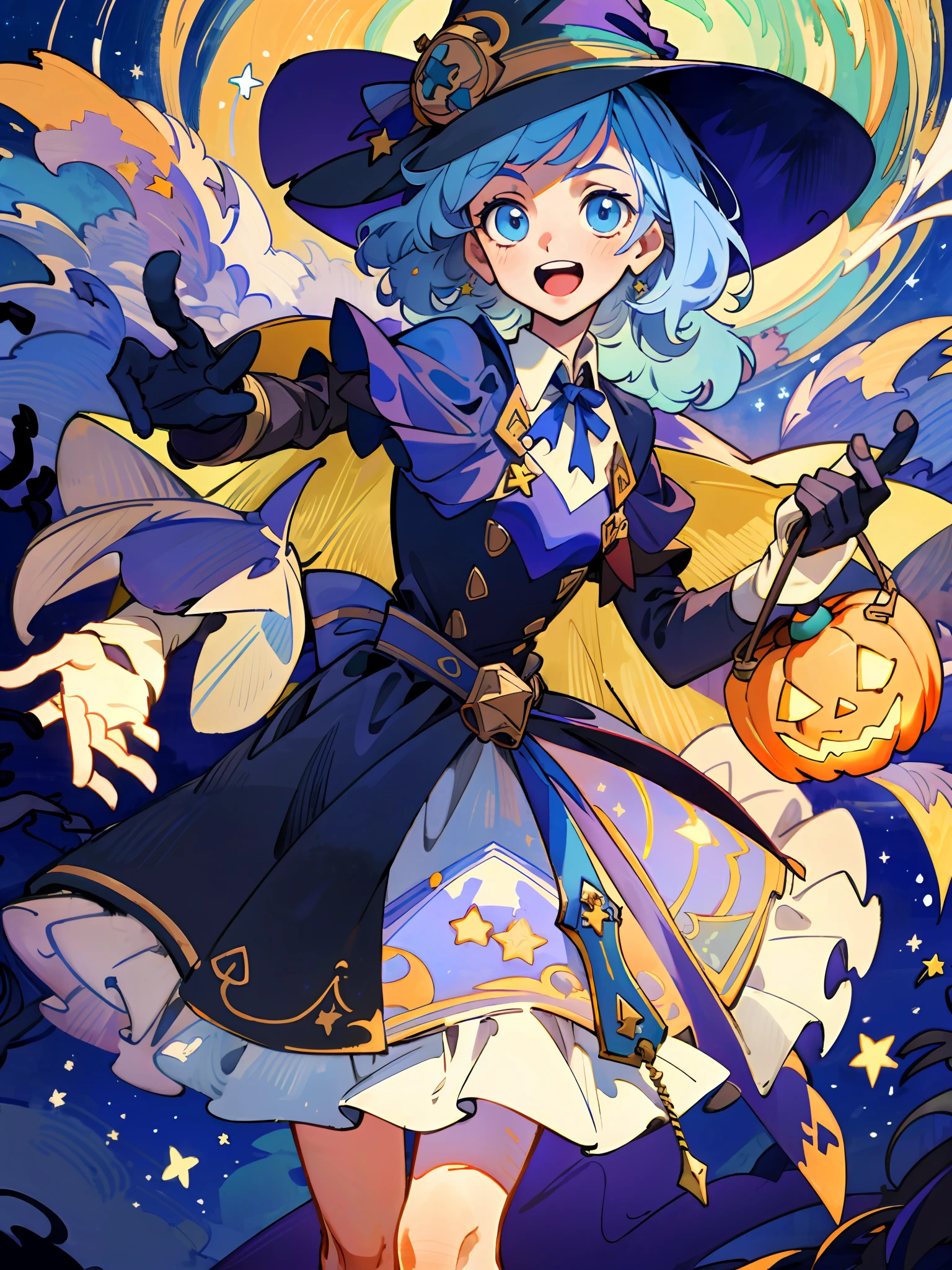 ((masterpiece:1.2, best quality)), 1girl, solo, (witch hat), a close up of a girl with curl hair, short hair, dress, aurora, night, star (sky), gloves, sky, dress, night sky, open mouth, starry sky, light blue eyes, ribbons, smile, cape, blue hair, magic, casting spell, night, (impressionism:1.4), alphonse mucha, Halloween colors, colorful candy