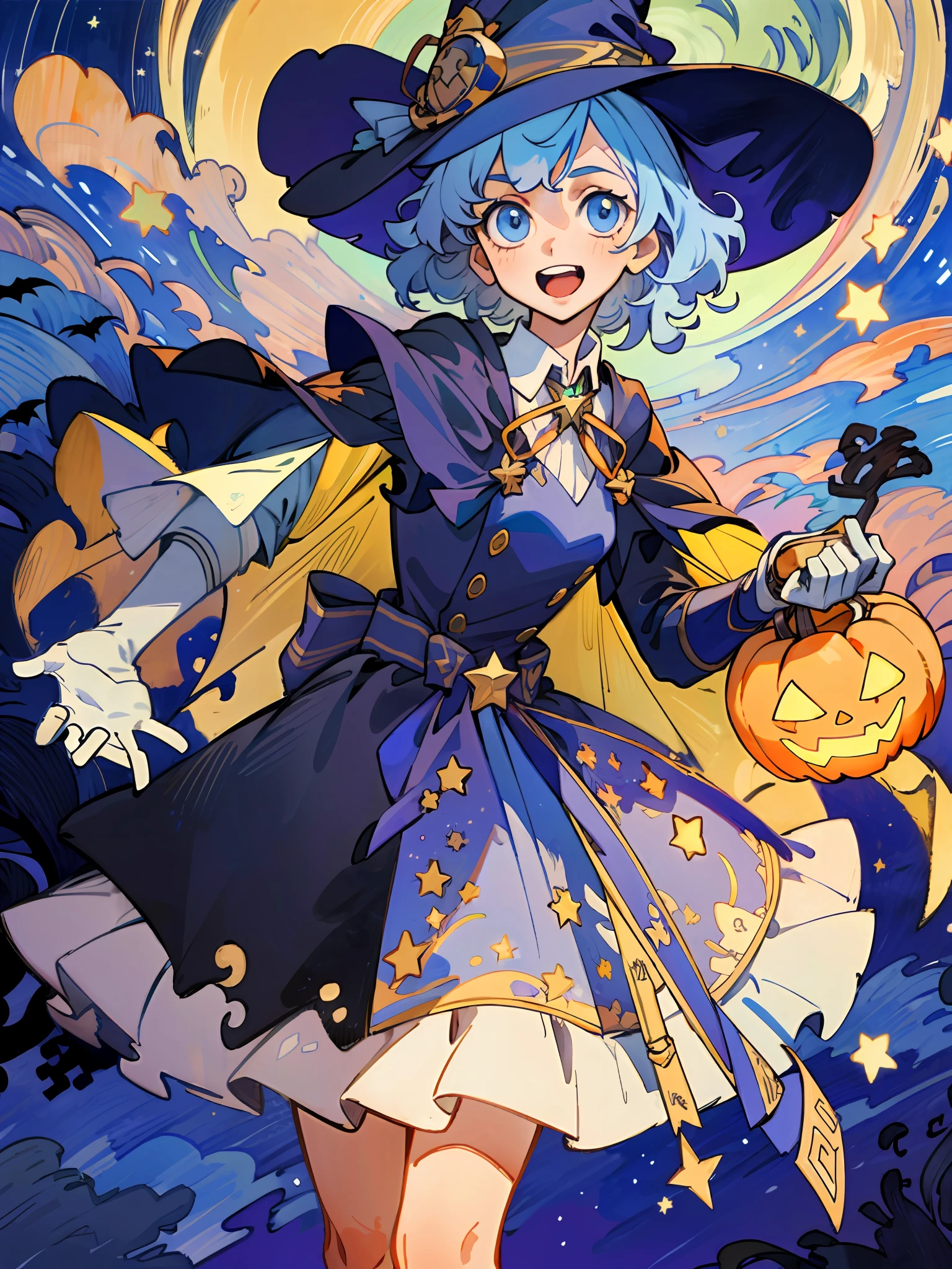 ((masterpiece:1.2, best quality)), 1girl, solo, (witch hat), a close up of a girl with curl hair, short hair, dress, aurora, night, star (sky), gloves, sky, dress, night sky, open mouth, starry sky, light blue eyes, ribbons, smile, cape, blue hair, magic, casting spell, night, (impressionism:1.4), alphonse mucha, Halloween colors, colorful candy