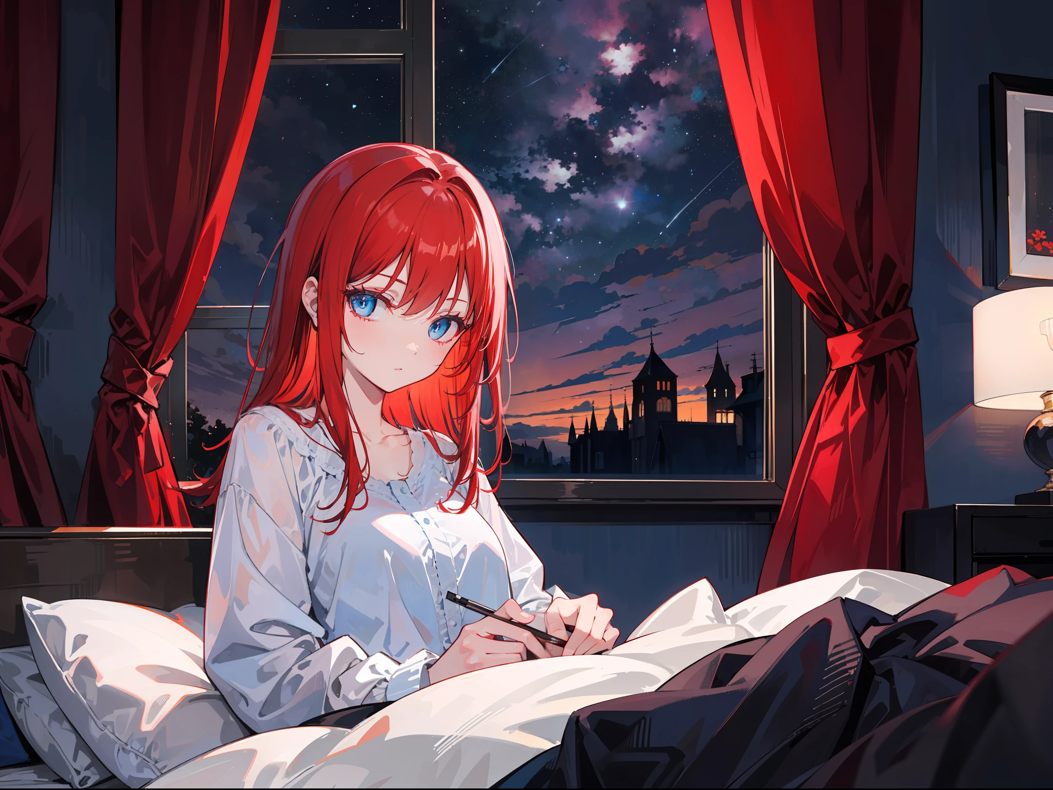 "Create a captivating scene with a dark and mysterious ambiance featuring a red-haired girl with blue eyes gazing at the night sky through her window on her bed."
