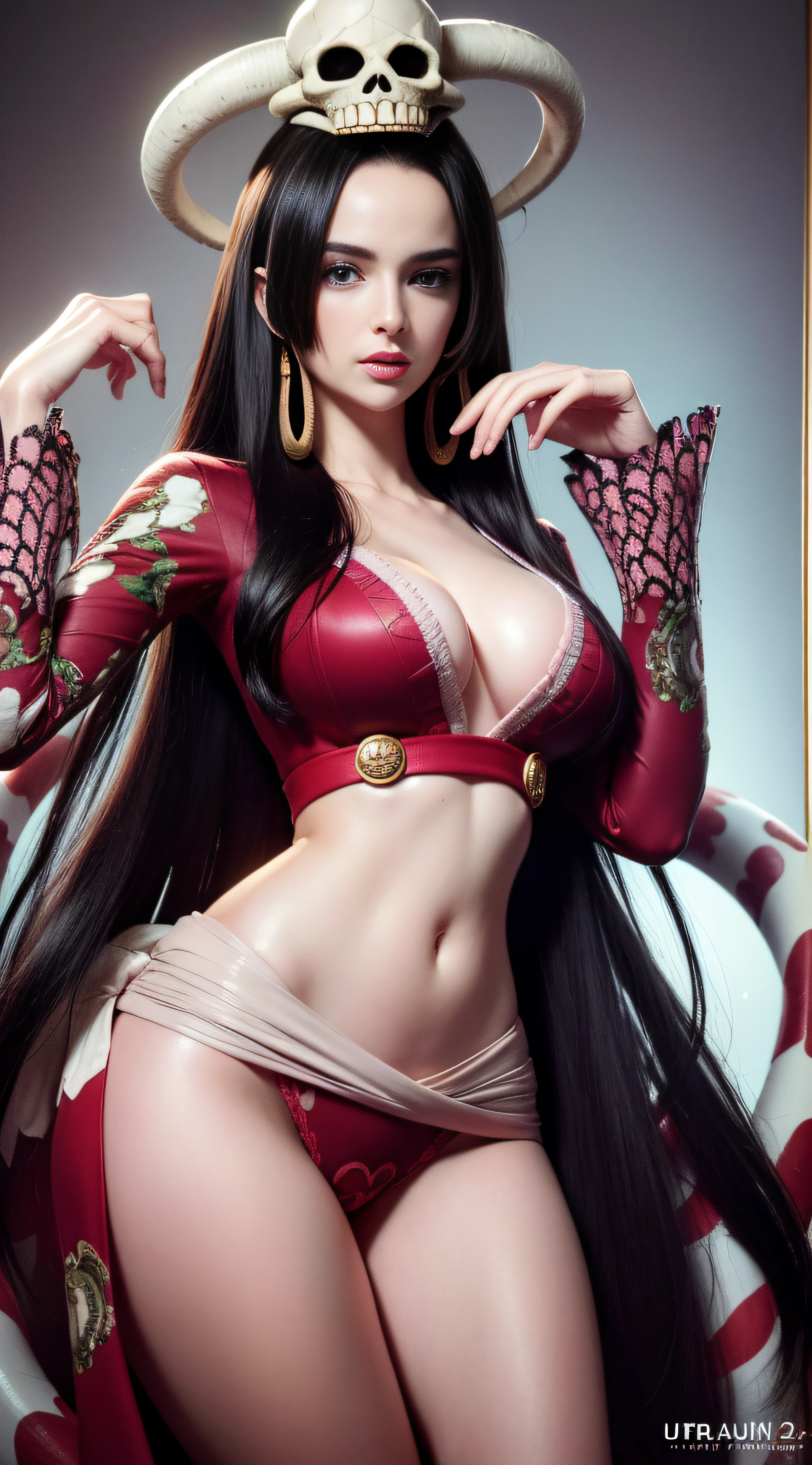 (((masterpiece+best quality+high resolution+ultra-detailed))), boa hancock, long silky black hair, high nose, sharp eyes, noble and inviolable temperament, (([female]: 1.2 + [beauty]: 1.2 + black long hair: 1.2)), skull_snake background, bright eyes, dynamic angle and posture, wallpaper.