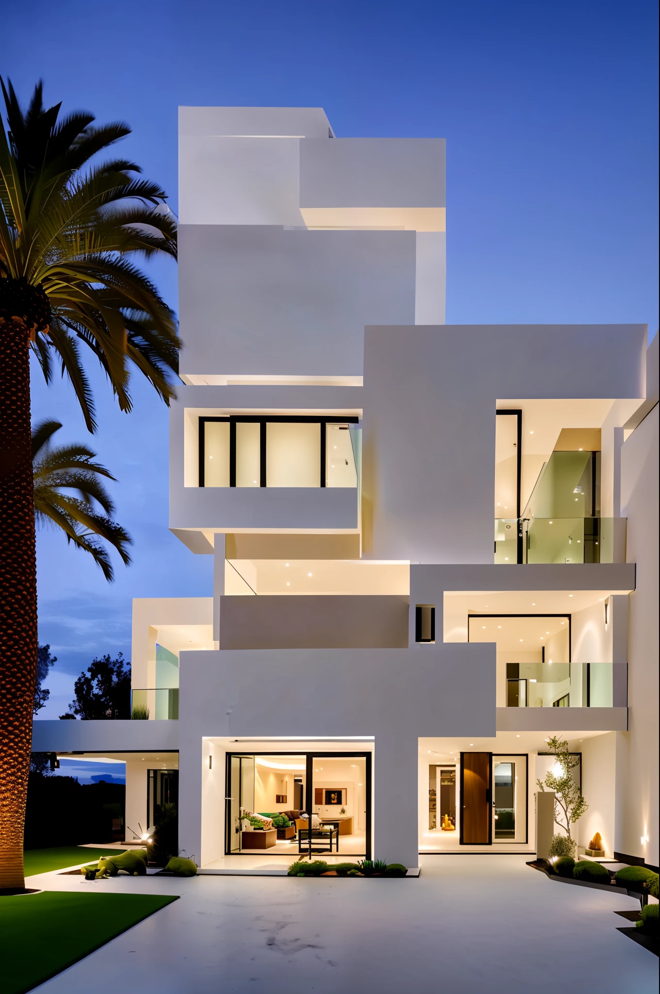 dvArchModern, 85mm, f1.8, portrait, photo realistic façade of a house, hyperrealistic, prayerful, super detailed, intricate, dramatic, external sunset lighting, shadows, high dynamic range, white walls, led lights, luxury, pool, palms, garden, full view