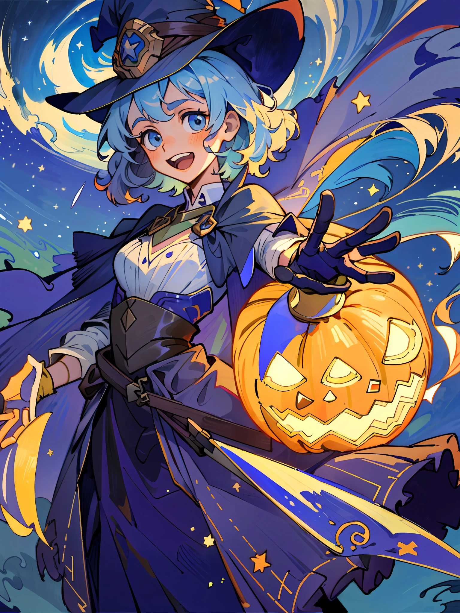 ((masterpiece:1.2, best quality)), 1girl, solo, (witch hat), a close up of a girl with curl hair, short hair, dress, aurora, night, star (sky), gloves, sky, dress, night sky, open mouth, starry sky, light blue eyes, ribbons, smile, cape, blue hair, magic, casting spell, night, (impressionism:1.4), alphonse mucha, Halloween colors, colorful candy