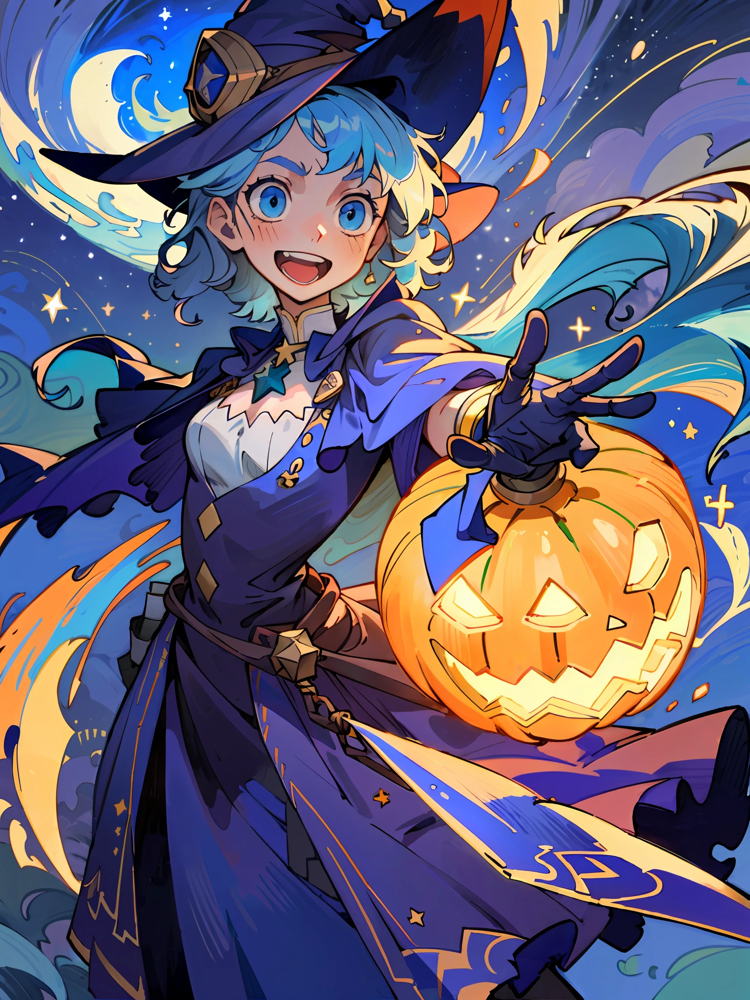 ((masterpiece:1.2, best quality)), 1girl, solo, (witch hat), a close up of a girl with curl hair, short hair, dress, aurora, night, star (sky), gloves, sky, dress, night sky, open mouth, starry sky, light blue eyes, ribbons, smile, cape, blue hair, magic, casting spell, night, (impressionism:1.4), alphonse mucha, Halloween colors, colorful candy
