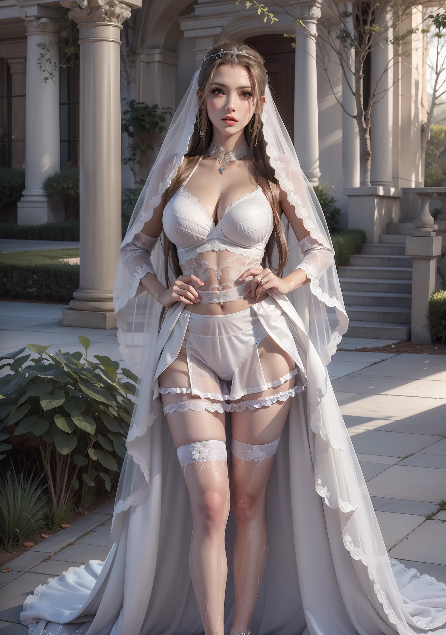 Wedding dress accessories expose lower breasts, lace wisp hollow bra, white lace wisp empty panties, white stockings sexy pose, full breasts, pouting bare big ass