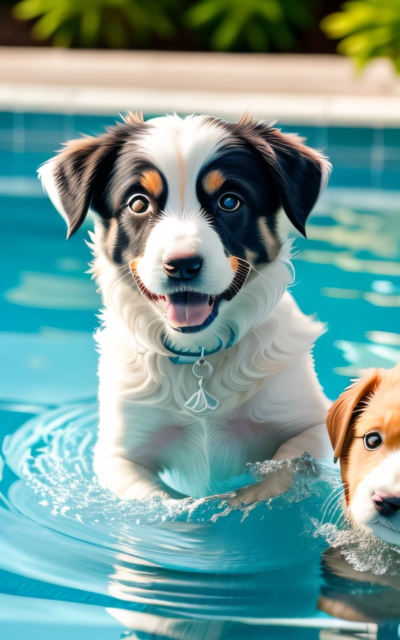 hyper Quality,Cute two Border Collie puppies,different body colors,swimming in the pool,smile,black eyes,barking,narrow eyes,smile,eos r3 28mm --auto
