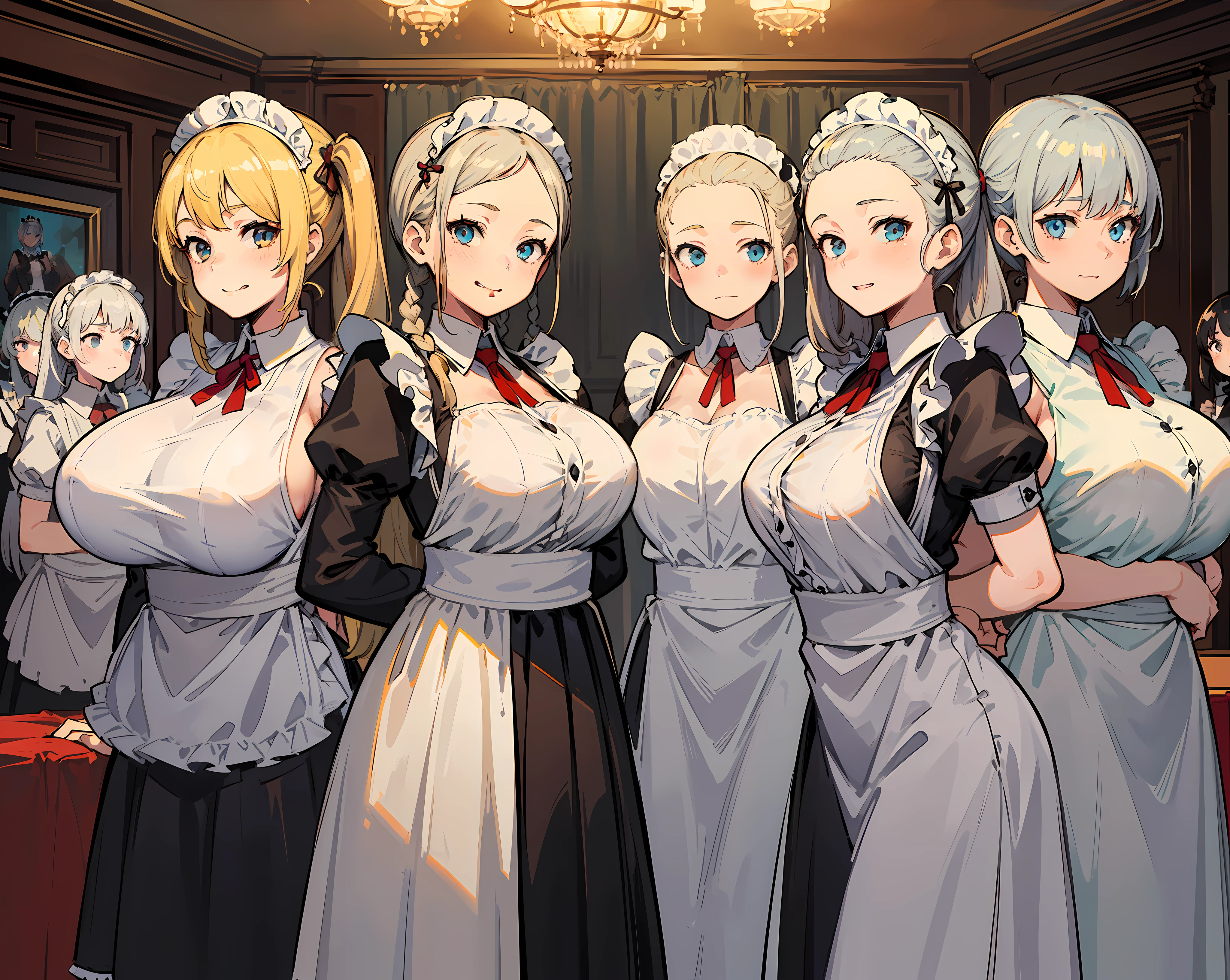 (Masterpiece), Top Quality, (10 girls, group photo:1.4), Beautiful body, ((Huge breasts))),(Huge breasts),(Saoping breasts))))), (White skin)), Blonde hair, Silver hair, Twin tails, Braids, Forehead, ((Slouch)), ((Slouch)), (grinning face))),(Hands behind back), ((Maid clothes)), (Bedroom),