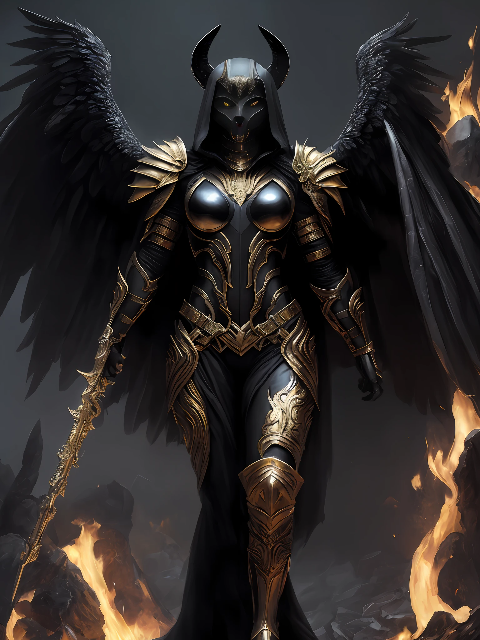 Output: (high quality oil painting), realism, jewel nobility, dynamic pose on the right, mysterious gates of hell, burning like flames, dark but beautiful graphics of the underworld, mythical character Anubis, the whole body covered with golden scales highlighting the lines and shapes of strong muscles, cinematic dynamic poses and dramatic camera angles, fine textures of black gold armor and calm effect of black gold cape,   Precise proportions and human anatomy are presented in the image, and the award-winning masterpiece of centered composition is Anxious, Angel of Death