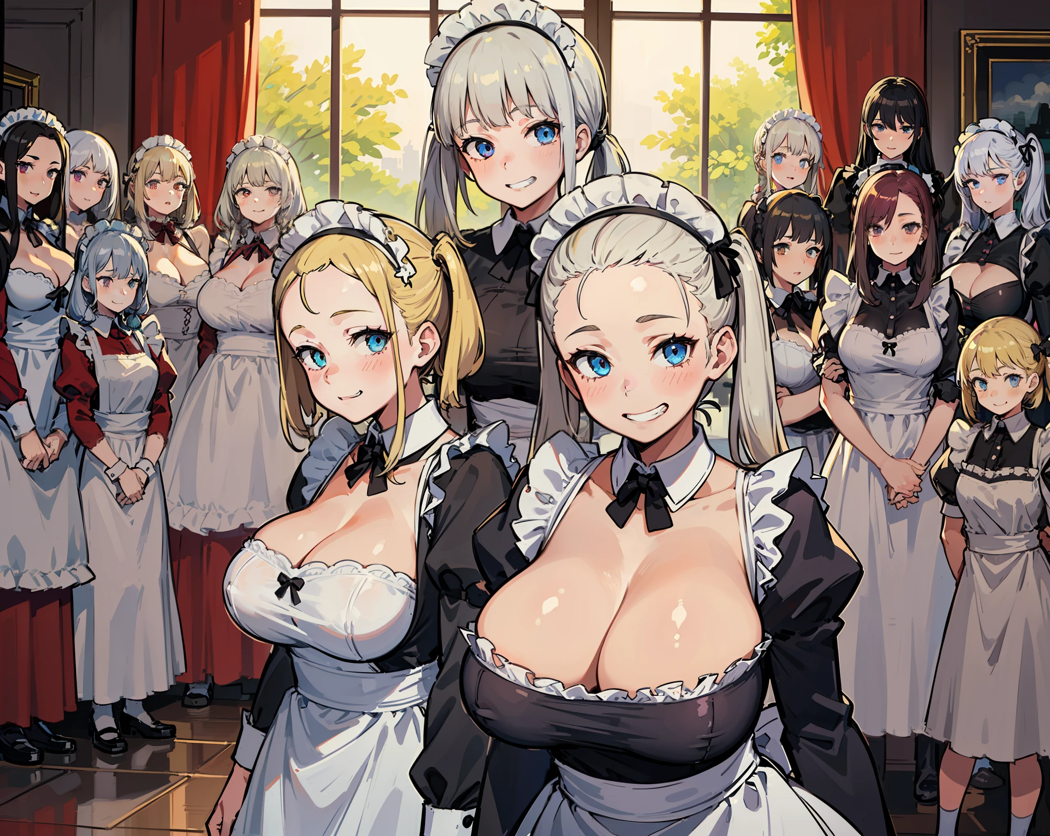 (Masterpiece), Best Quality, (10 girls, Group photo:1.4), Beautiful body, (Huge breasts))),(Huge breasts),(Saoping breasts)), (White skin)), Blonde hair, Silver hair, Twin tails, Braids, Forehead, ((Slouch)), ((grinning face))),(hands behind back), ((Maid clothes)), (Bedroom),Cleavage view