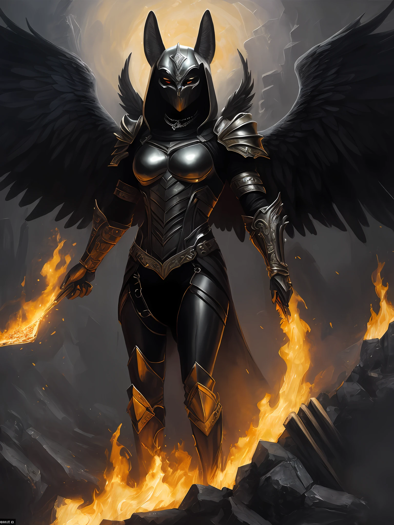 Output: (high quality oil painting), realism, jewel nobility, dynamic pose on the right, mysterious gates of hell, burning like flames, dark but beautiful graphics of the underworld, mythical character Anubis, the whole body covered with golden scales highlighting the lines and shapes of strong muscles, cinematic dynamic poses and dramatic camera angles, fine textures of black gold armor and calm effect of black gold cape,   Precise proportions and human anatomy are presented in the image, and the award-winning masterpiece of centered composition is Anxious, Angel of Death