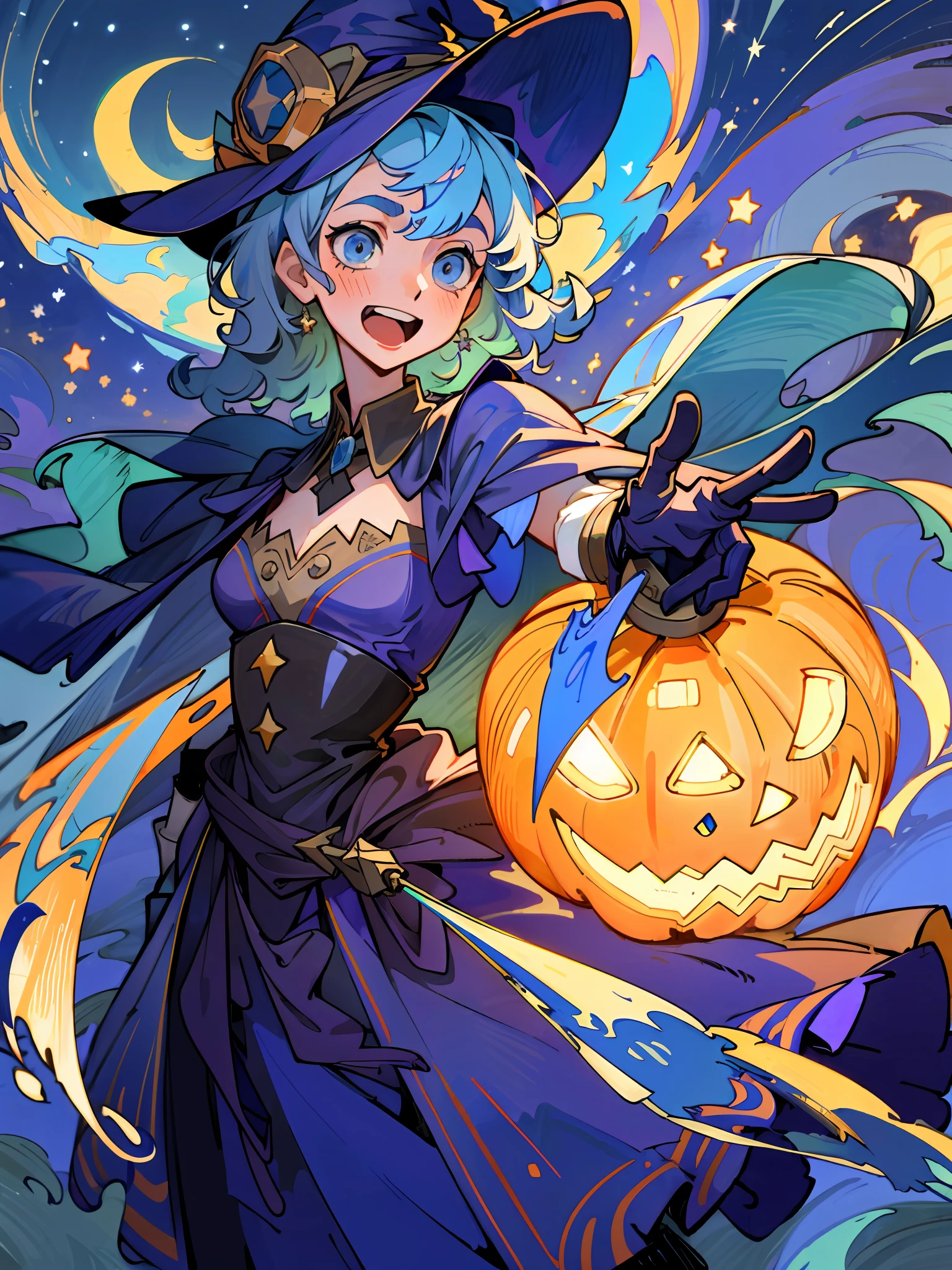 ((masterpiece:1.2, best quality)), 1girl, solo, (witch hat), a close up of a girl with curl hair, short hair, dress, aurora, night, star (sky), gloves, sky, dress, night sky, open mouth, starry sky, light blue eyes, ribbons, smile, cape, blue hair, magic, casting spell, night, (impressionism:1.4), alphonse mucha, Halloween colors, colorful candy