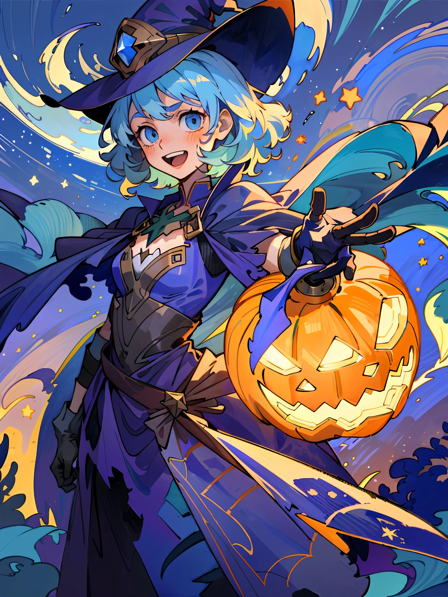 ((masterpiece:1.2, best quality)), 1girl, solo, (witch hat), a close up of a girl with curl hair, short hair, dress, aurora, night, star (sky), gloves, sky, dress, night sky, open mouth, starry sky, light blue eyes, ribbons, smile, cape, blue hair, magic, casting spell, night, (impressionism:1.4), alphonse mucha, Halloween colors, colorful candy