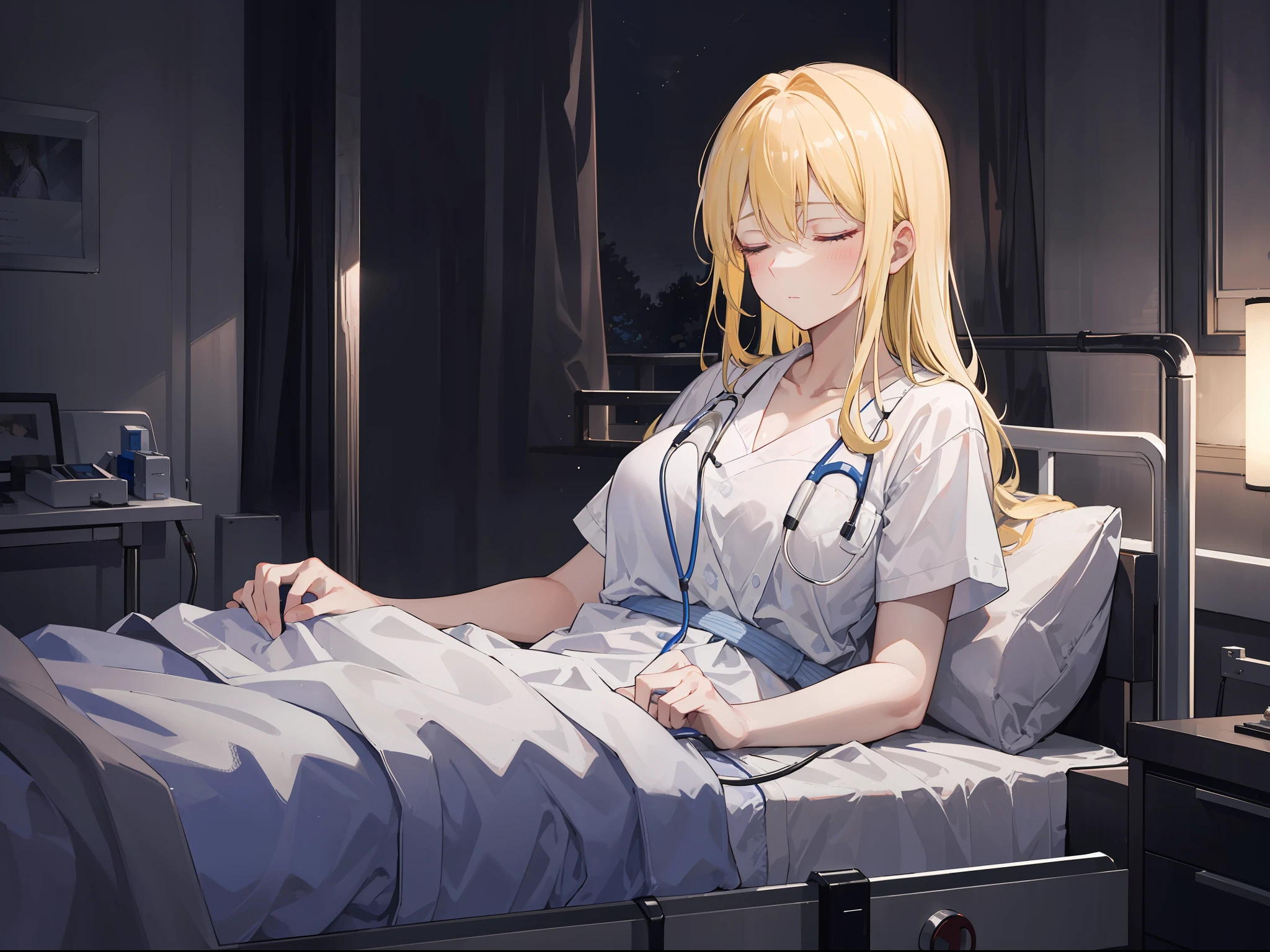 "Create a dark and atmospheric night scene where a mature woman with a weakened expression appears. She is wearing a hospital patient gown with vibrant, long blonde hair and closed eyes. In the scene, she sleeps peacefully in a hospital bed with an IV in her hand. The surrounding environment creates a somber and tranquil atmosphere, with dim lighting illuminating her resilient face."