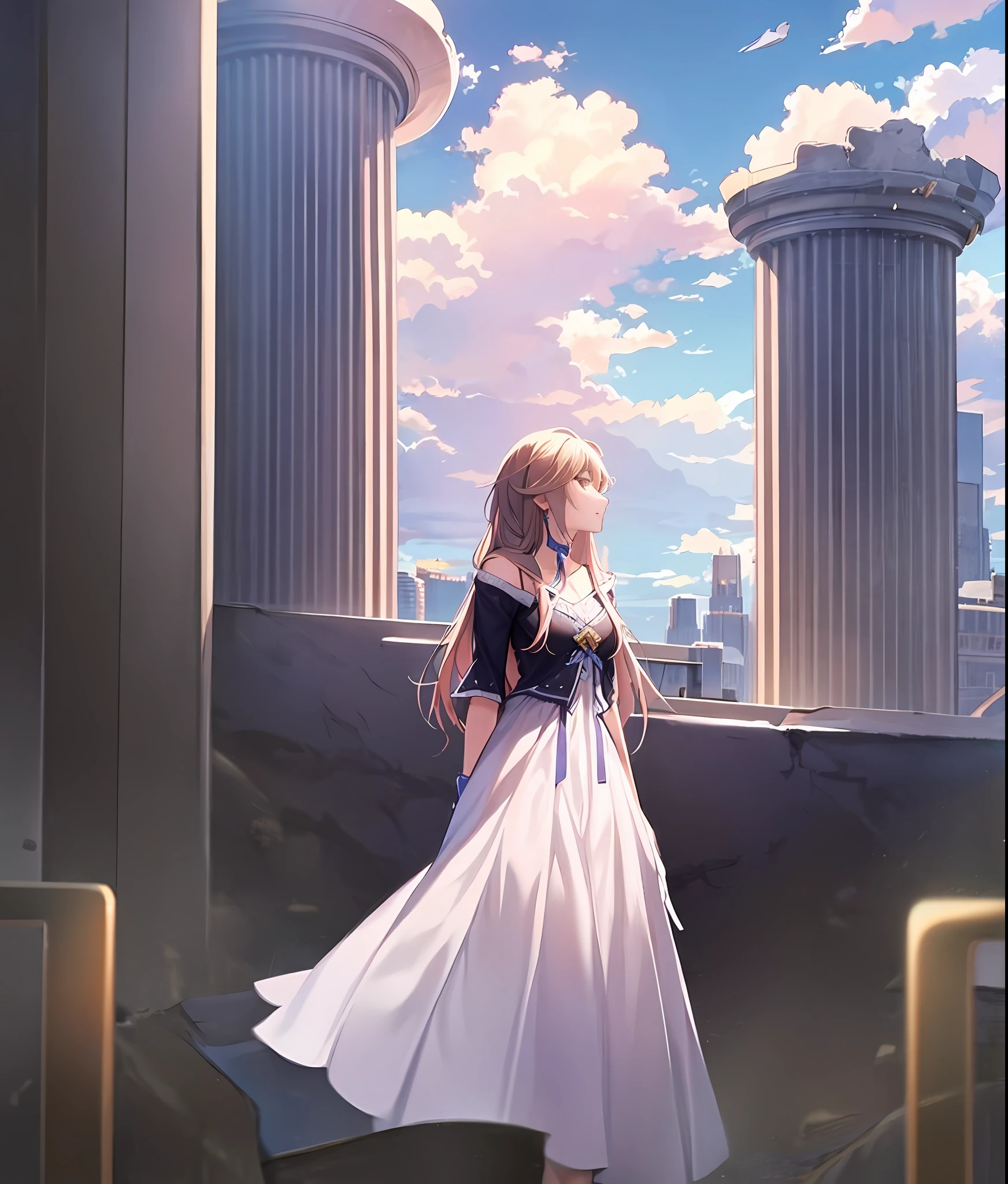 Ancient Ruins, Golden Ratio, Elaborate Ruins, Detailed, Realistic, Oparts, (Masterpiece, Top Quality, Best Quality, Official Art, Beautiful and Aesthetic: 1.2), (Girl: 1.3), White Dress, Ro, Pattern, BREAK, (Pastel Hair: 1.2), BREAK, Fantastic, Transcendent Art