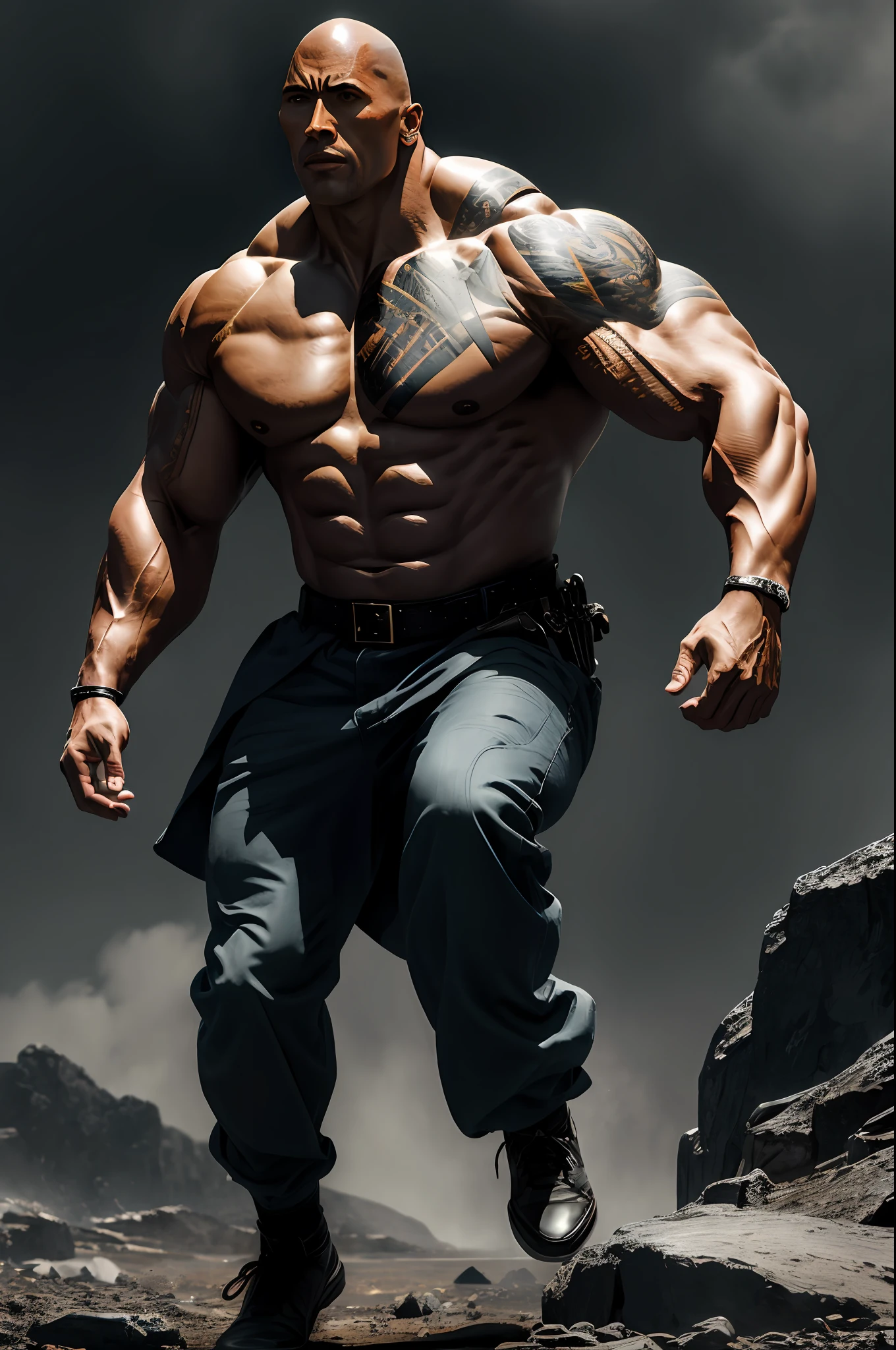 (16k, RAW photo, best quality, masterpiece: 1.2), ultra-detailed, formal art, photo realism: 1.37, full body photo, koringa),( Dwayne Johnson)film grain, action pose