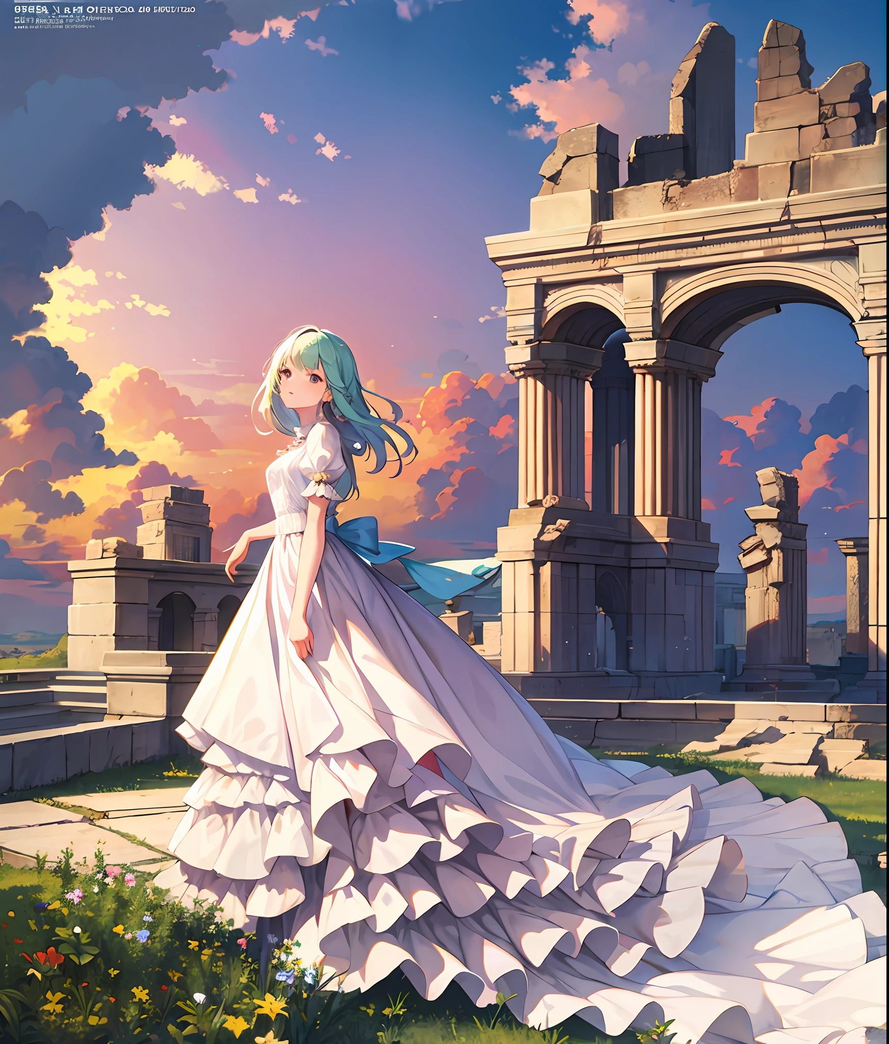 Ancient Ruins, Golden Ratio, Elaborate Ruins, Detailed, Realistic, Oparts, (Masterpiece, Top Quality, Best Quality, Official Art, Beautiful and Aesthetic: 1.2), (Girl: 1.3), White Dress, Ro, Pattern, BREAK, (Pastel Hair: 1.2), BREAK, Fantastic, Transcendent Art