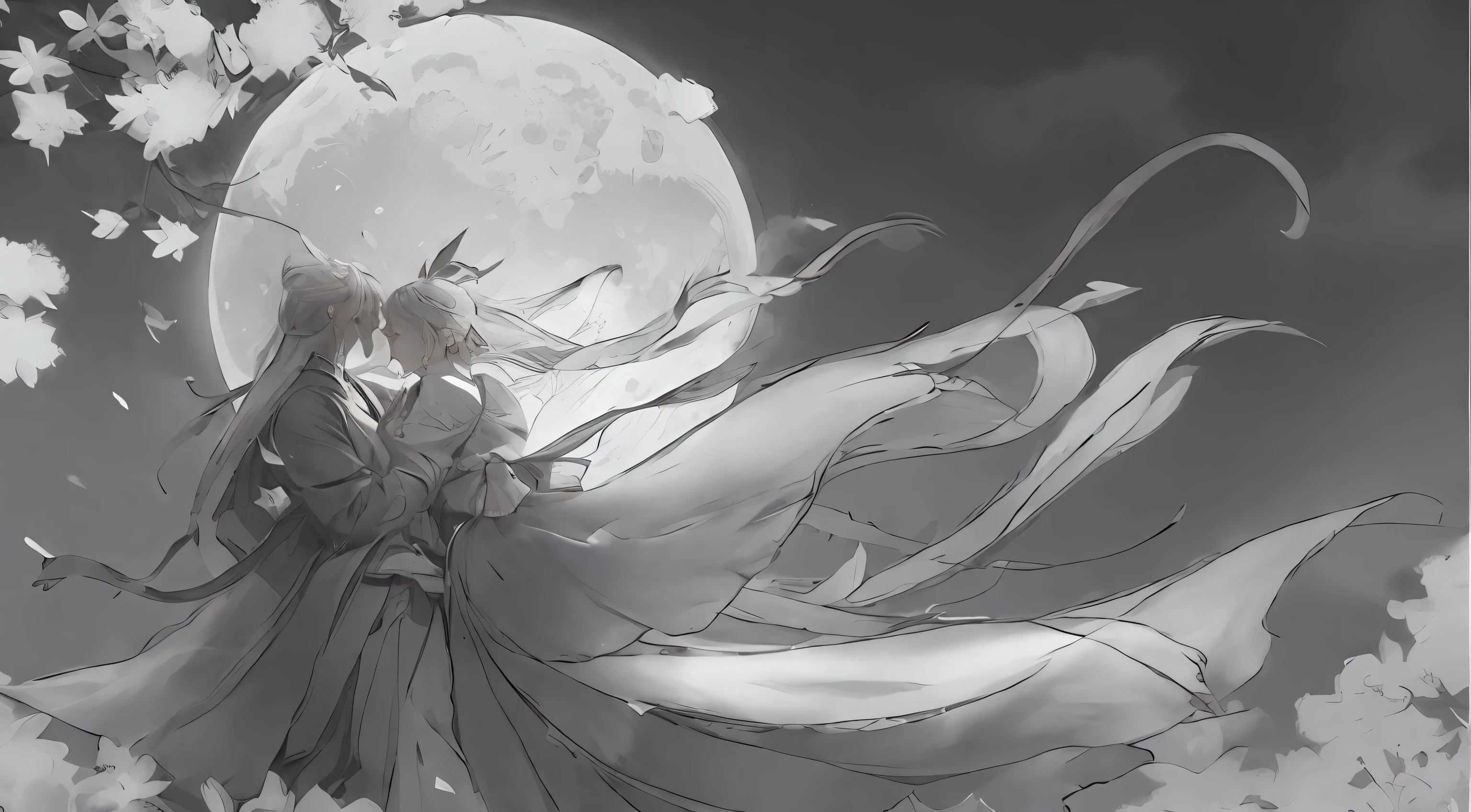 Anime girl and boy in long skirt hugging before full moon, night view, flowing white robe, flowing hair and robe, by Yang J, by Shingei, by Qu Leilei, by Xie Sun, anime beautiful peace scene, anime fantasy illustration, Onmyoji detailed art