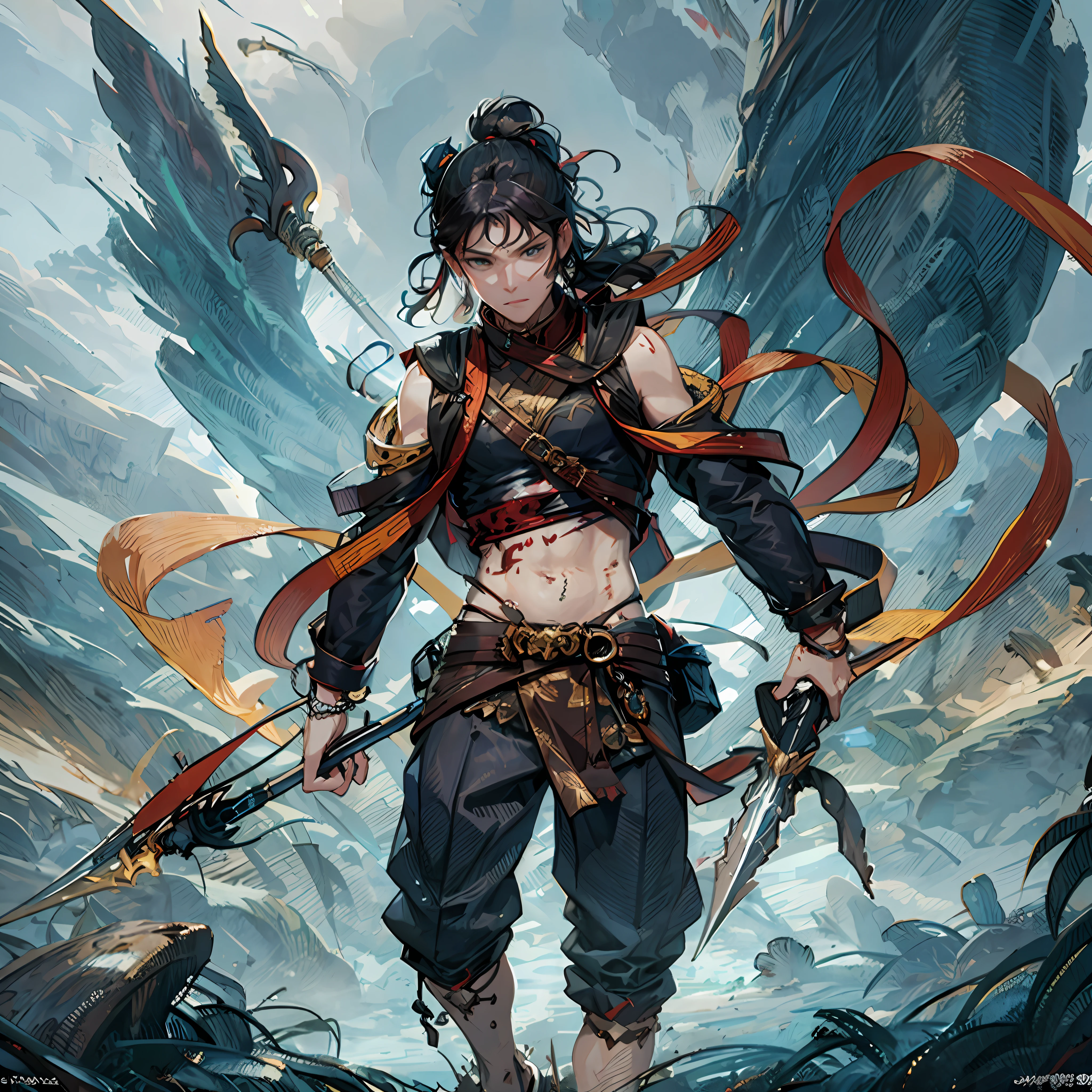 Anime - style illustration of male warrior with bow and arrow, Peter Morebach style, Peter Morebach art style, Peter Molbach C 2 0, in Morebach's art style, in Morebach's style, in the style of Peter Molbach, Peter Molbach's style, Peter Morebach's style, Peter Morebach's style'', delicate facial features, handsome