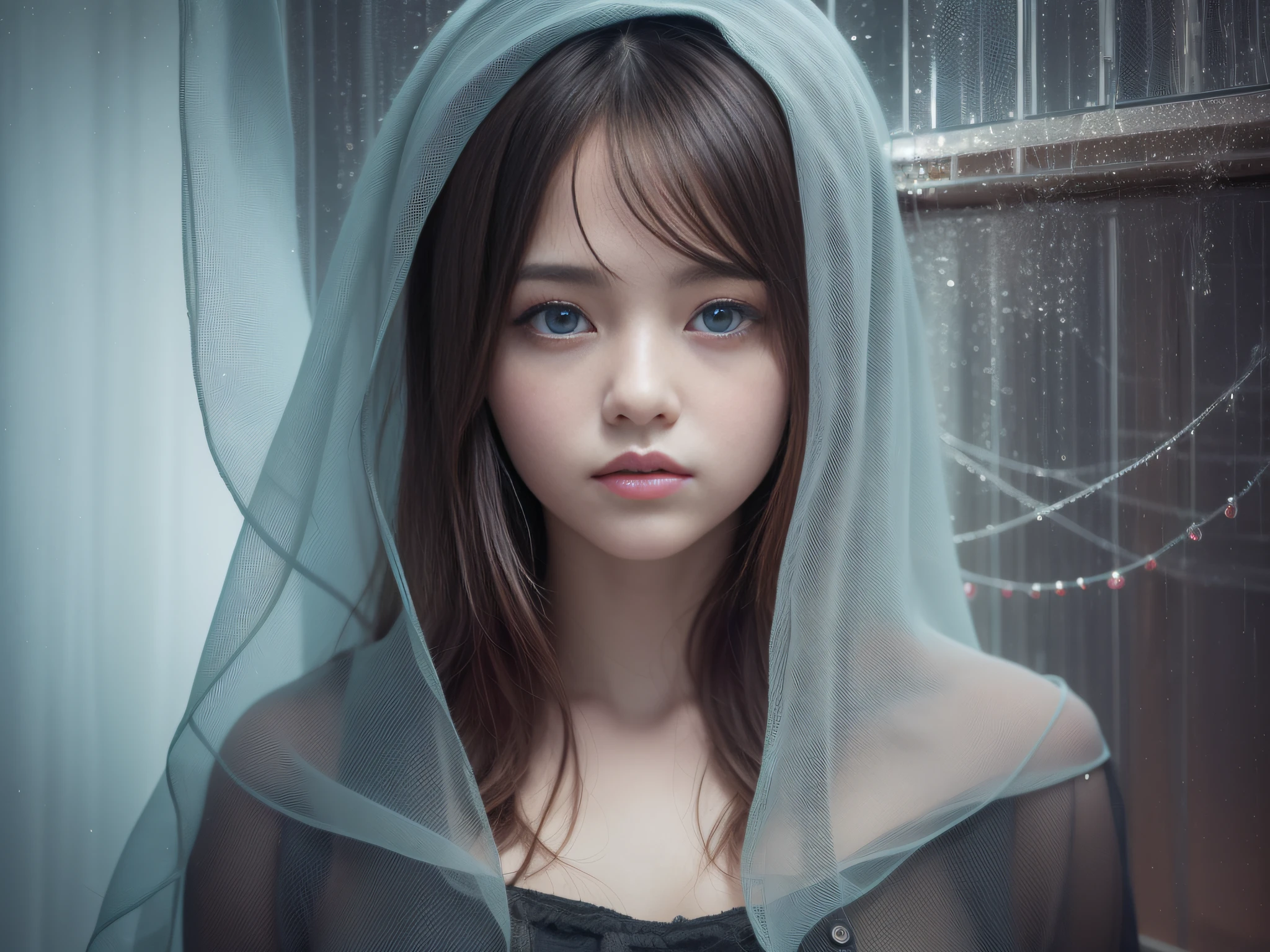 gossamer veil, sweet girl, full height, glitch, cloudpunk, professional photoshoot, real life