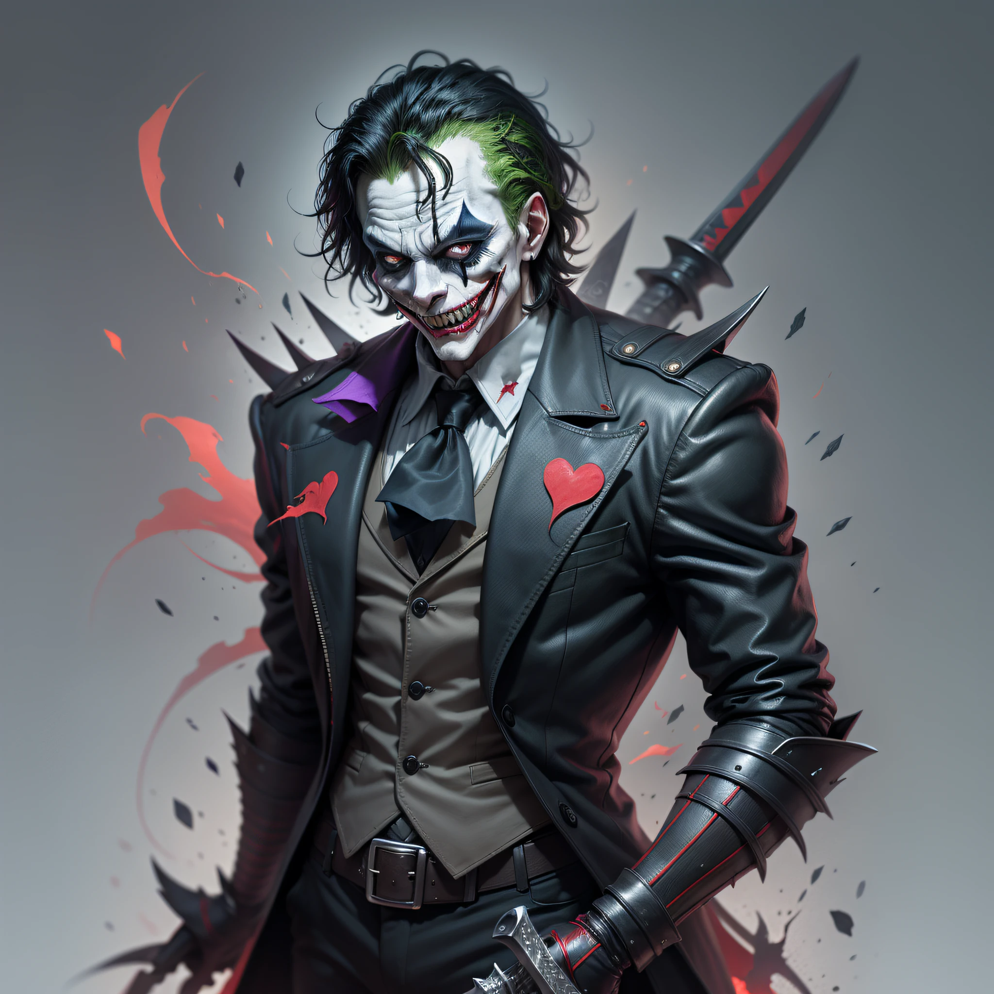 Dark joker man, sorting sharp teeth, red eyes black outfit, carrying 2 big sword on his back