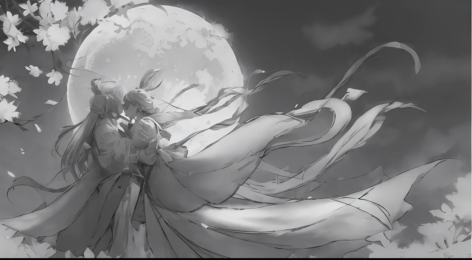 Anime girl and boy in long skirt hugging before full moon, night view, flowing white robe, flowing hair and robe, by Yang J, by Shingei, by Qu Leilei, by Xie Sun, anime beautiful peace scene, anime fantasy illustration, Onmyoji detailed art