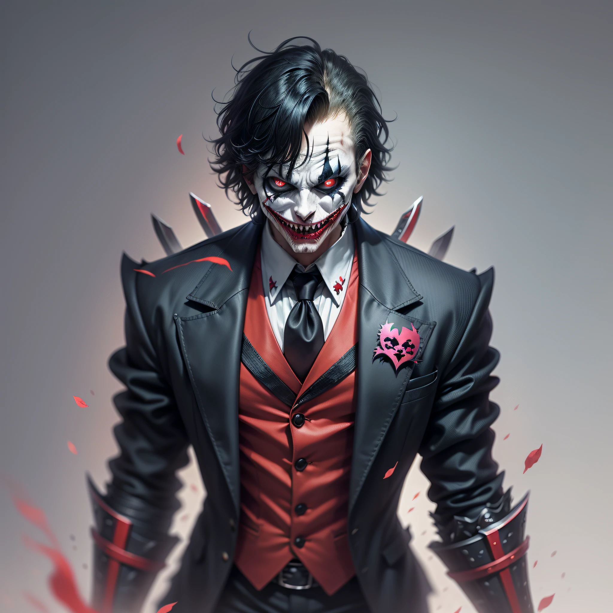 Dark joker man, sorting sharp teeth, red eyes black outfit, carrying 2 big sword on his back