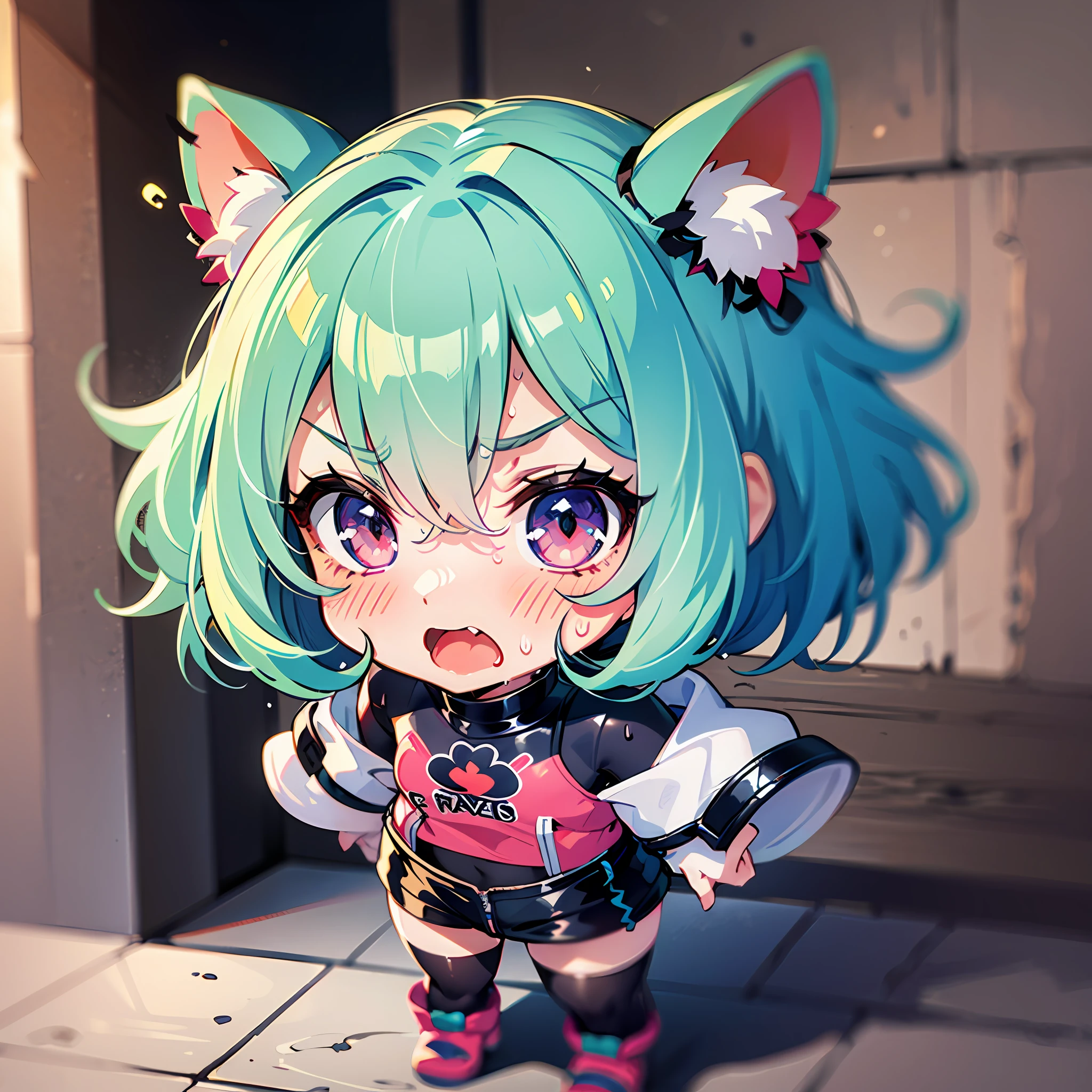 ((Chibi character)), fluffy, girl, ((complaining while sweating angrily in the intense heat every day)), chibi character, full body, pastel hair, masterpiece, best quality, 16k